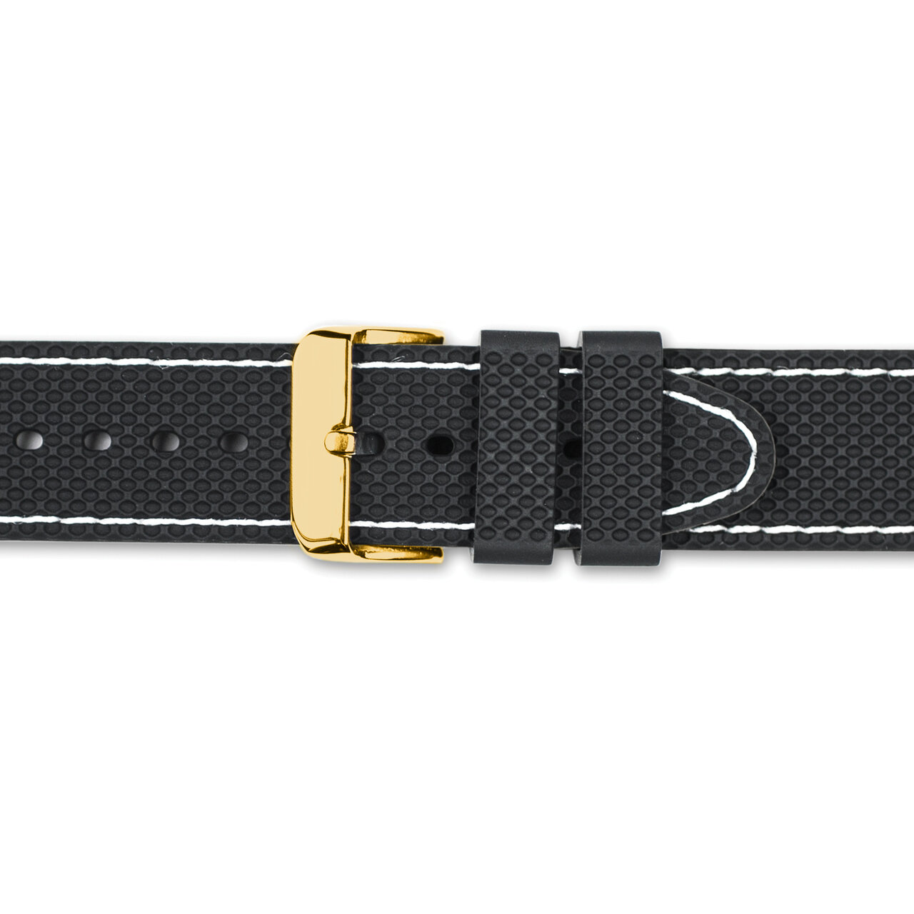 18mm Black with White Stitch Silicone Gold-tone Buckle Watch Band BA409-18