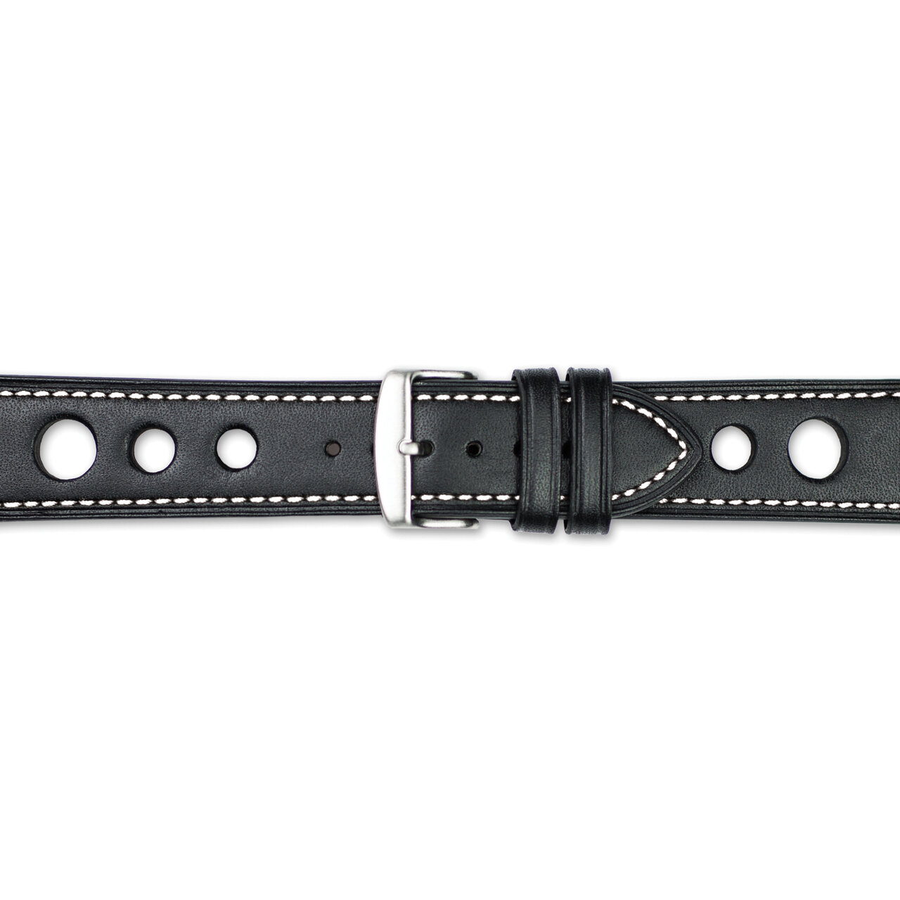 18mm Black Grand Prix Leather White Stitch Silver-tone Buckle Watch Band BAW370-18