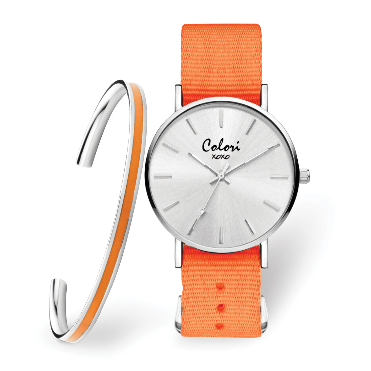 Colori Silver Orange Nylon Strap Watch &amp; Bangle Set XWA5986