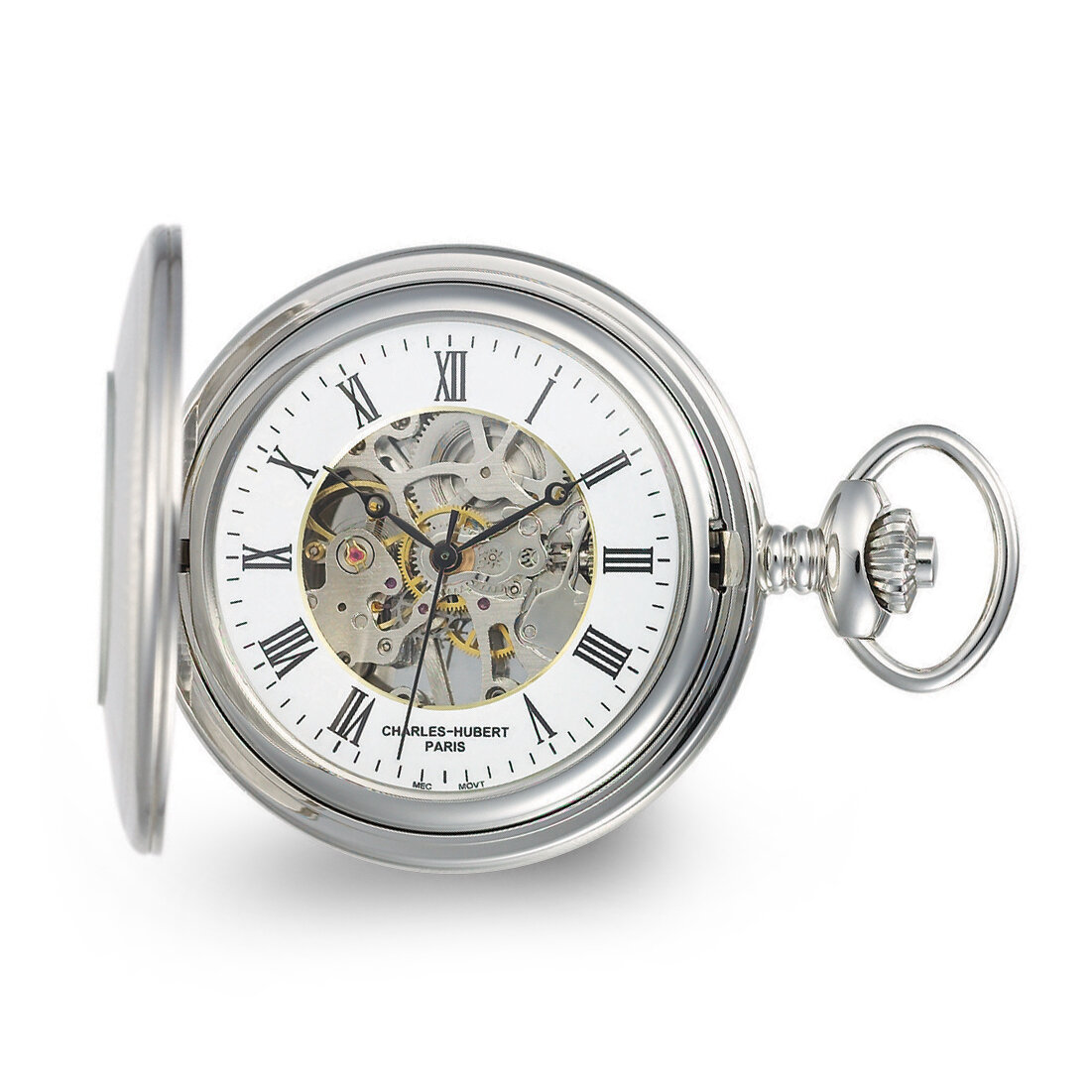 Charles Hubert Stainless Case with Floral Shield Skeleton Pocket Watch XWA6109