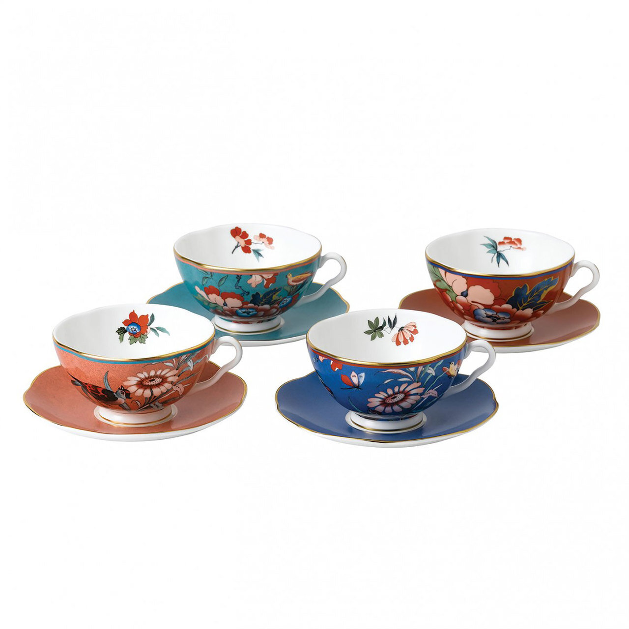Wedgwood Paeonia Blush Teacup & saucer Set of 4 (Blue, Coral, Green & Red) 40035094