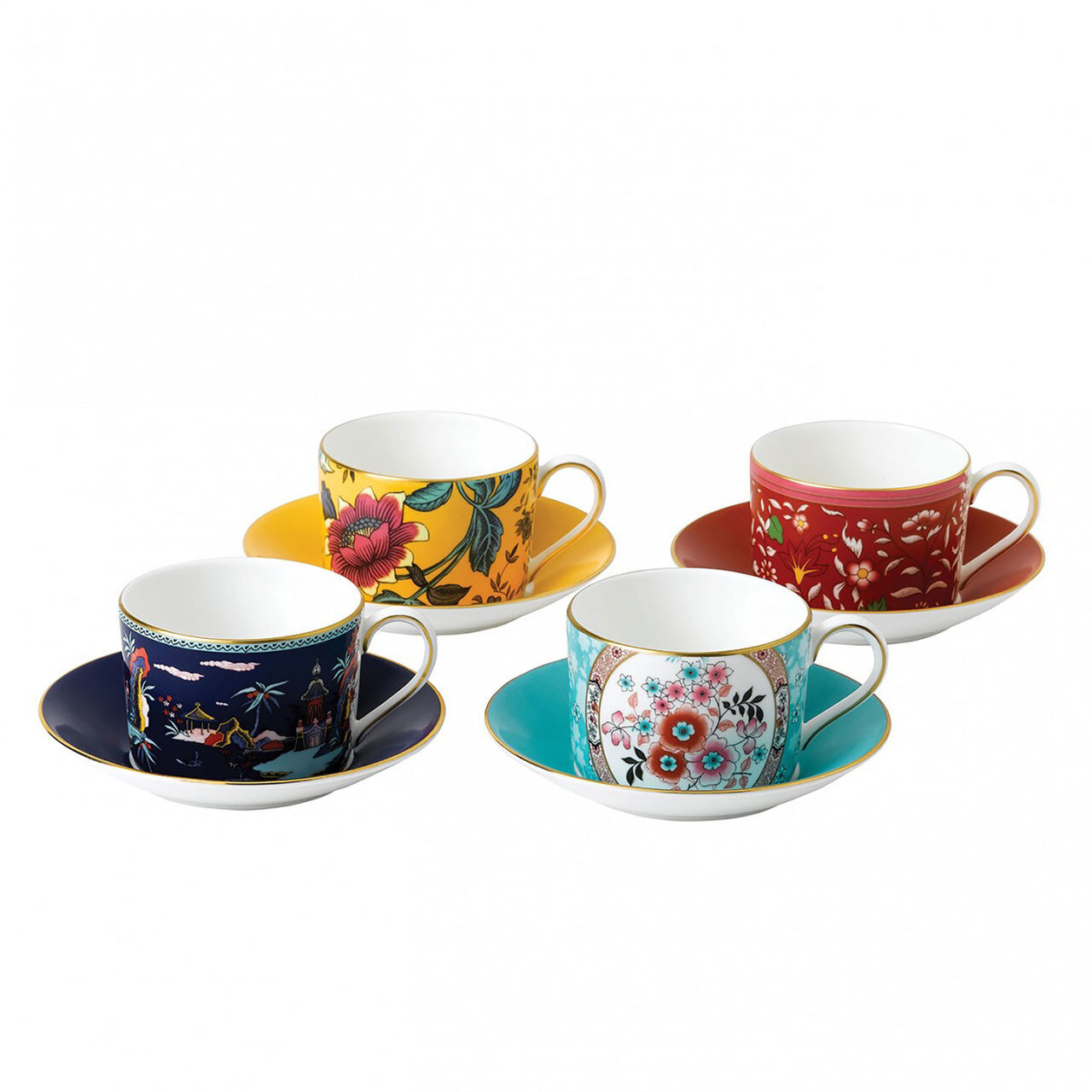 Wedgwood Wonderlust Teacup & saucer Set of 4 (Blue Pagoda, Camellia, Crimson Jewel & Yellow Tonquin) 40035085
