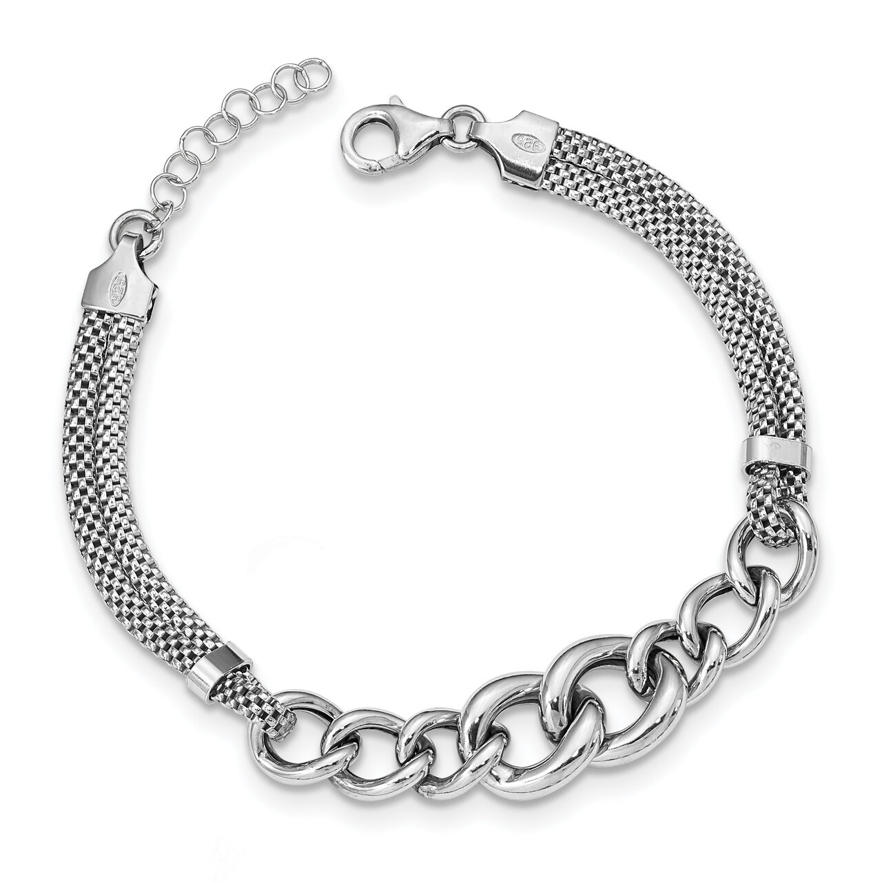 7 Inch Rhodium-plated Fancy Chain w/1in Ext. 2-strand Bracelet Sterling Silver QG5115-7