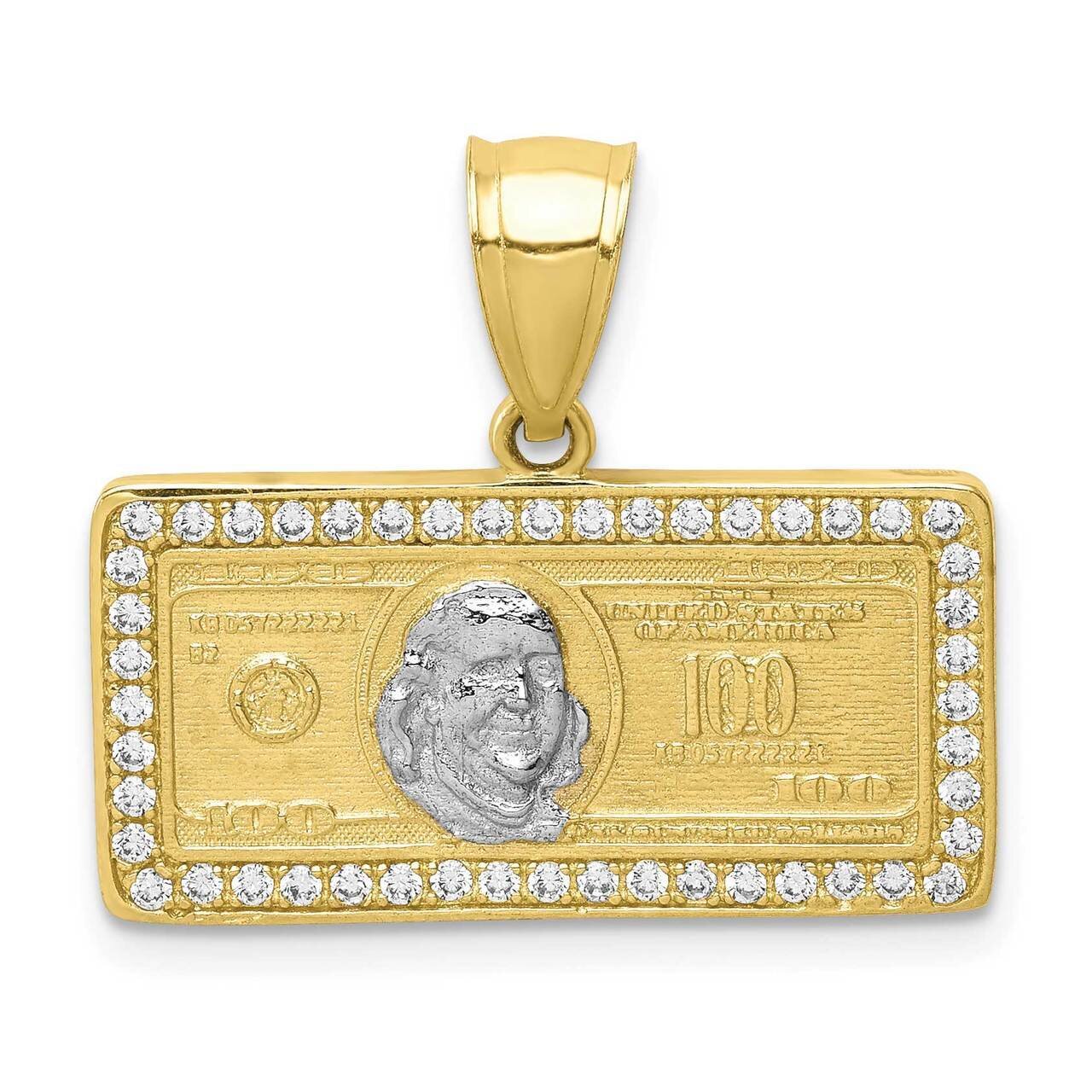 Micropave 100 Dollar Bill Pendant 10k Gold with Rhodium CZ Diamond 10C1362