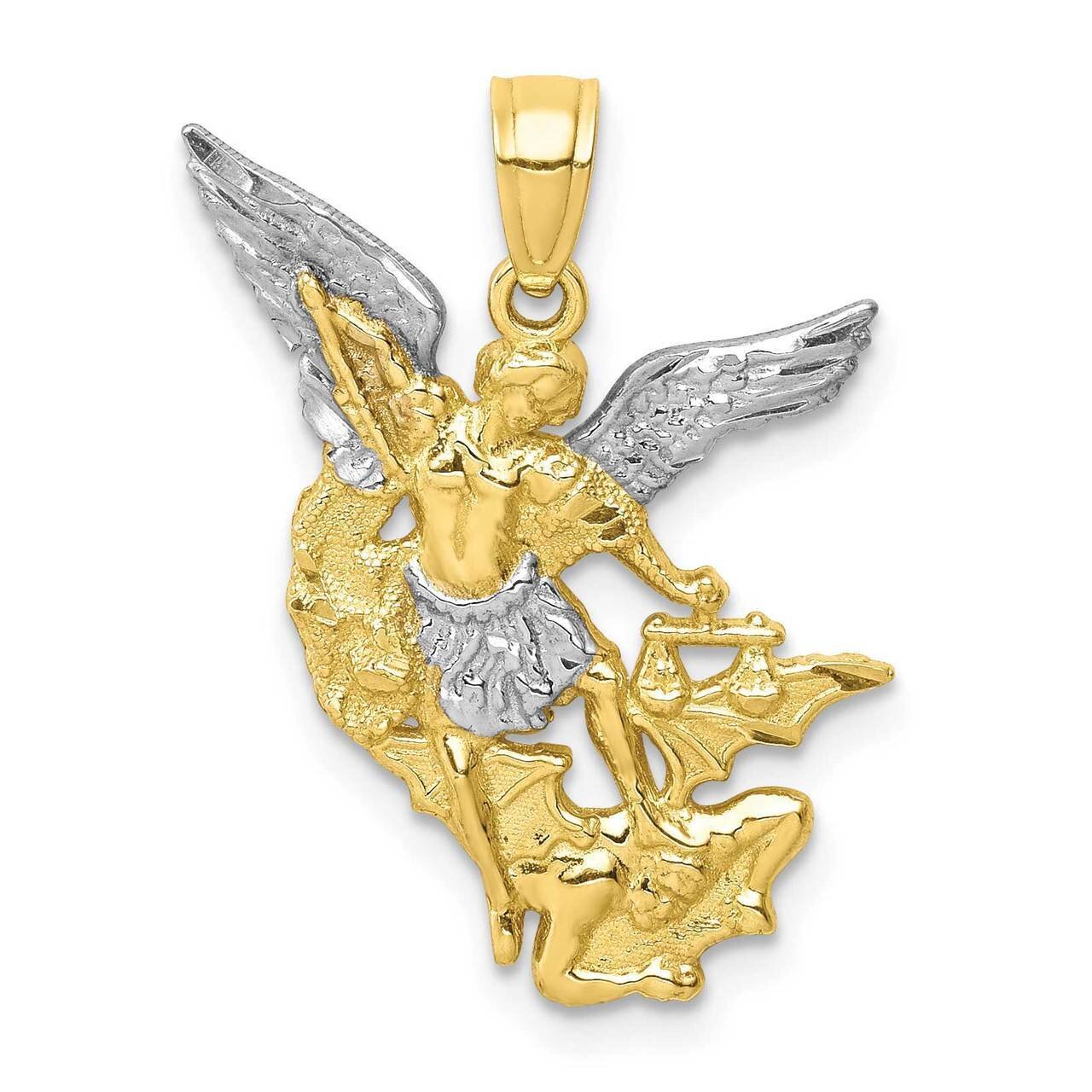 Diamond-cut with Rhodium Saint Michael Pendant 10k Gold 10C1372