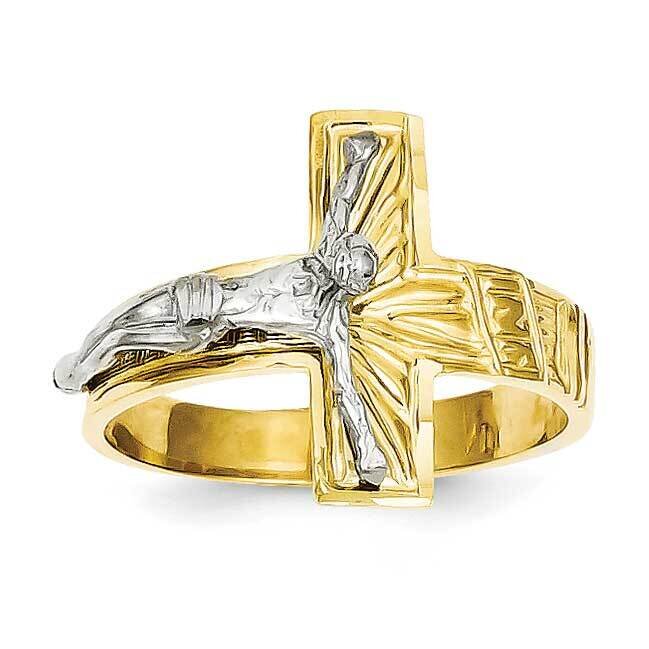 Diamond-Cut Mens Crucifix Ring 14k Two-tone Gold Polished C2118