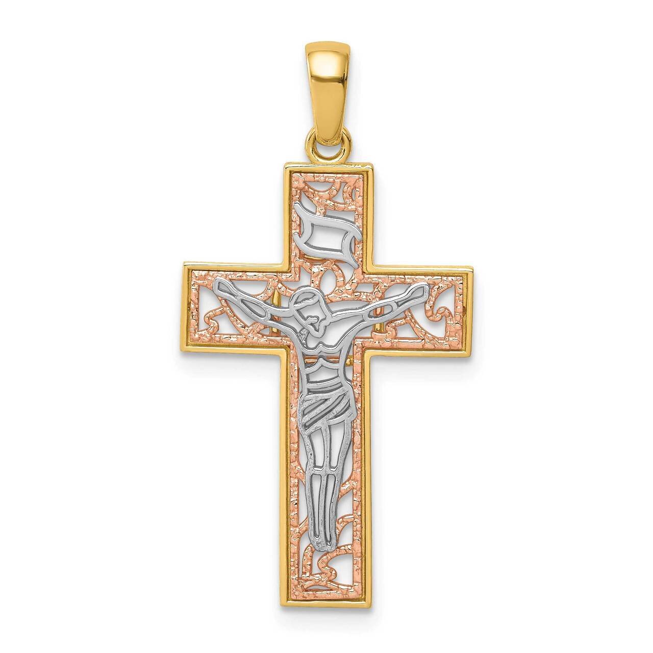 White Rhodium Crucifix Pendant 14k Two-tone Gold C4702