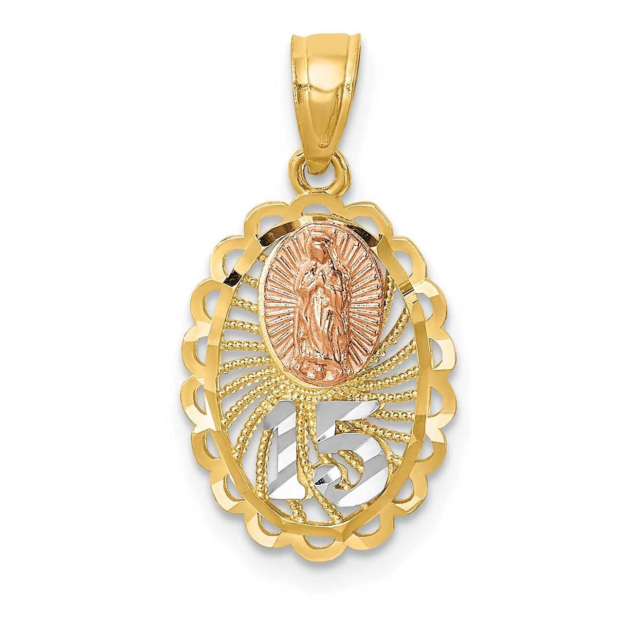 White Rhodium Lady of Guadalupe 15 Pendant 14k Two-tone Gold C4746