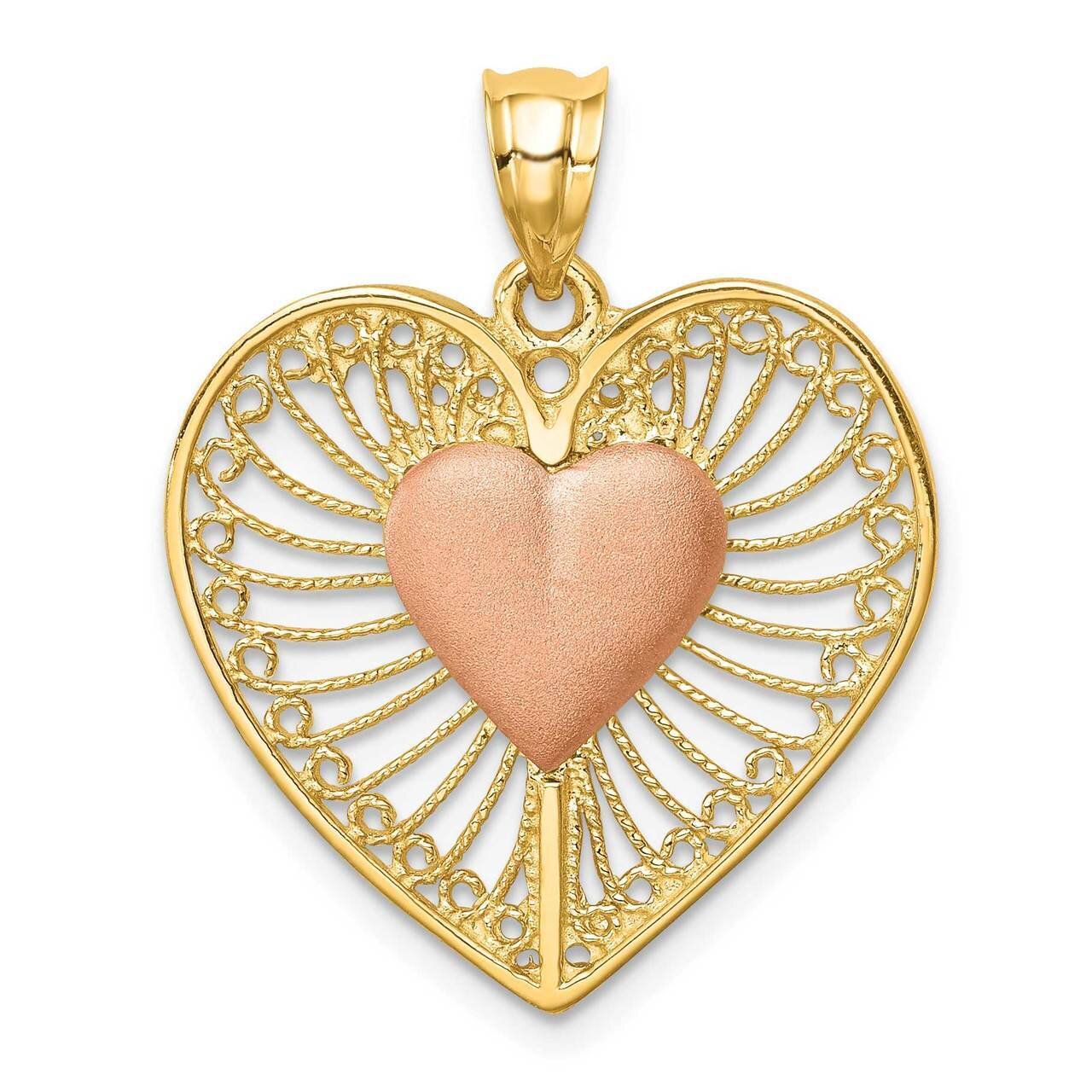 Brushed &amp; Polished Heart Pendant 14k Two-tone Gold D4559