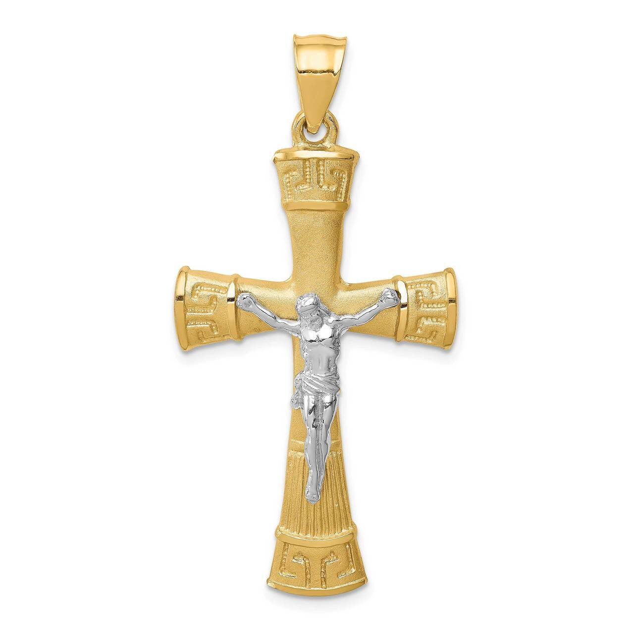 Brushed & Polished Greek Key Crucifix Pendant 14k Two-tone Gold D4658