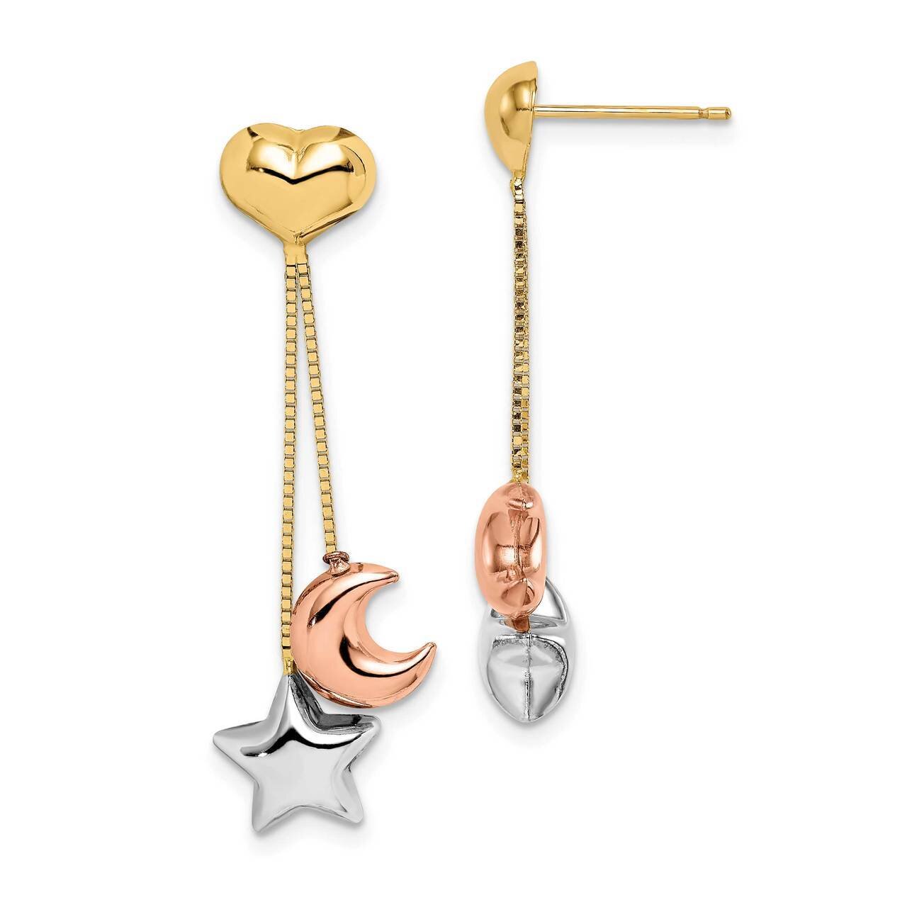 Heart, Star &amp; Moon Dangle Post Earrings 14k Tri-Color Gold GK1015