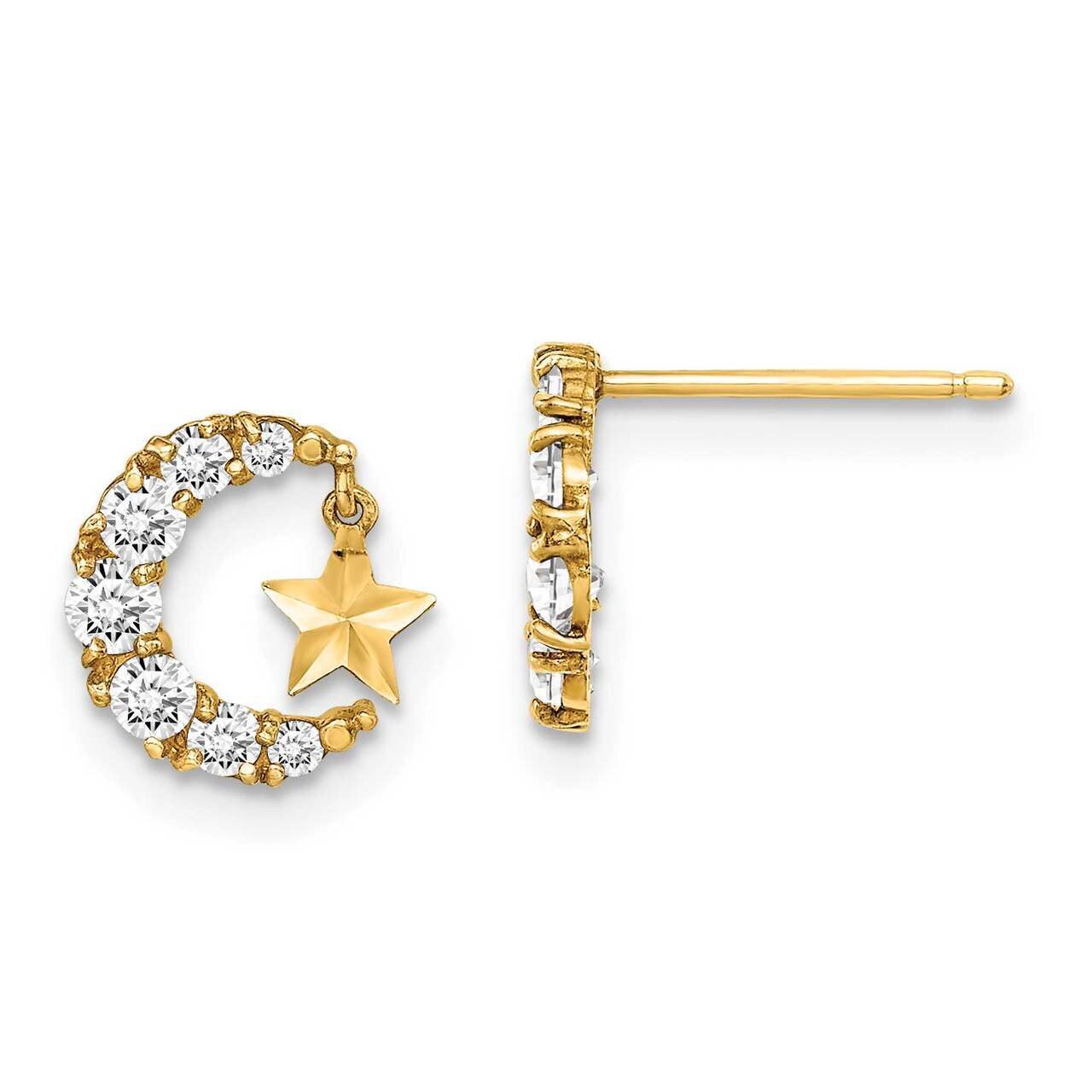 Crescent Moon with Diamond-cut Star Dangle Post Earrings 14k Gold CZ Diamond GK1028 by Madi K, MPN:…