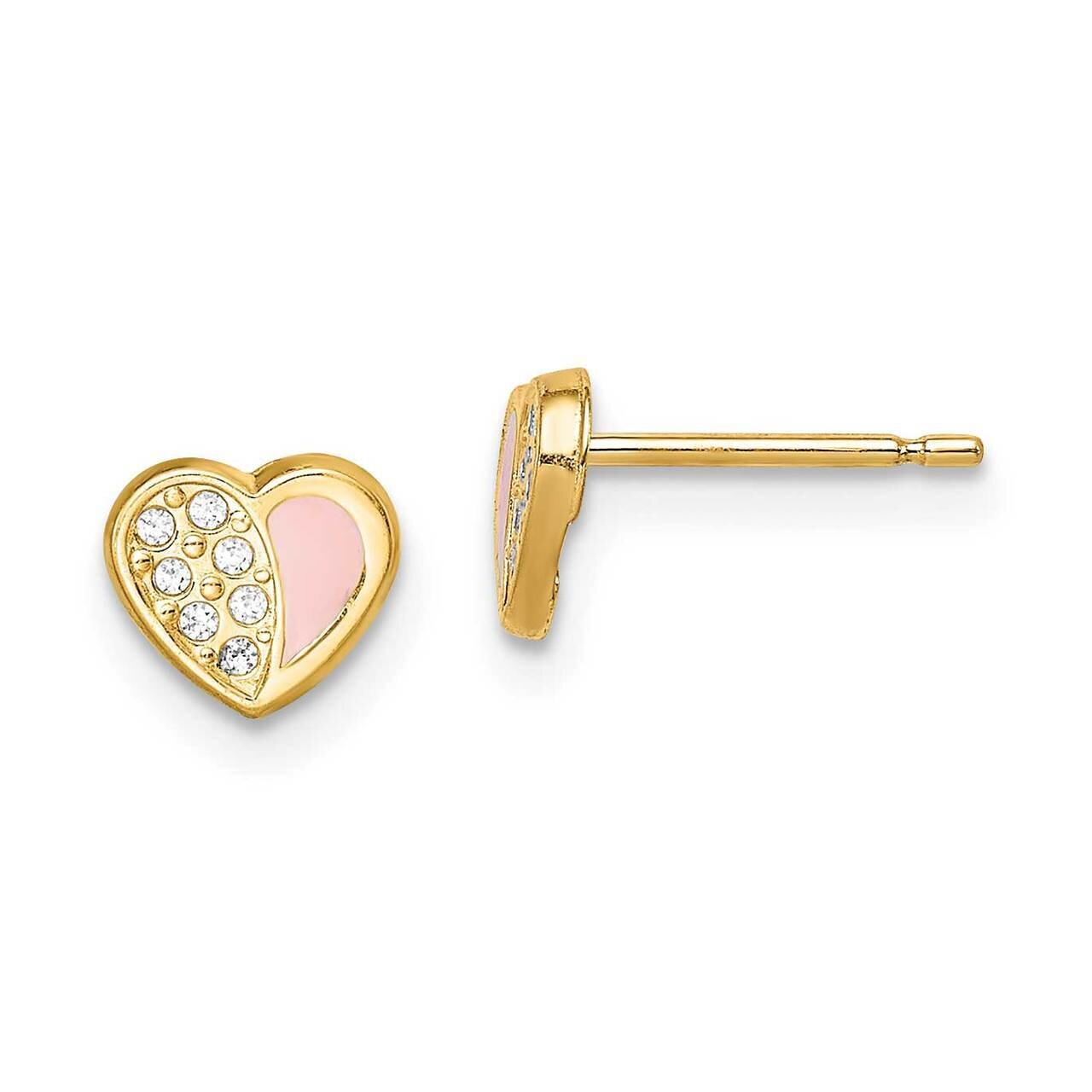 Pink Enamel Heart Post Earrings 14k Gold CZ Diamond GK987