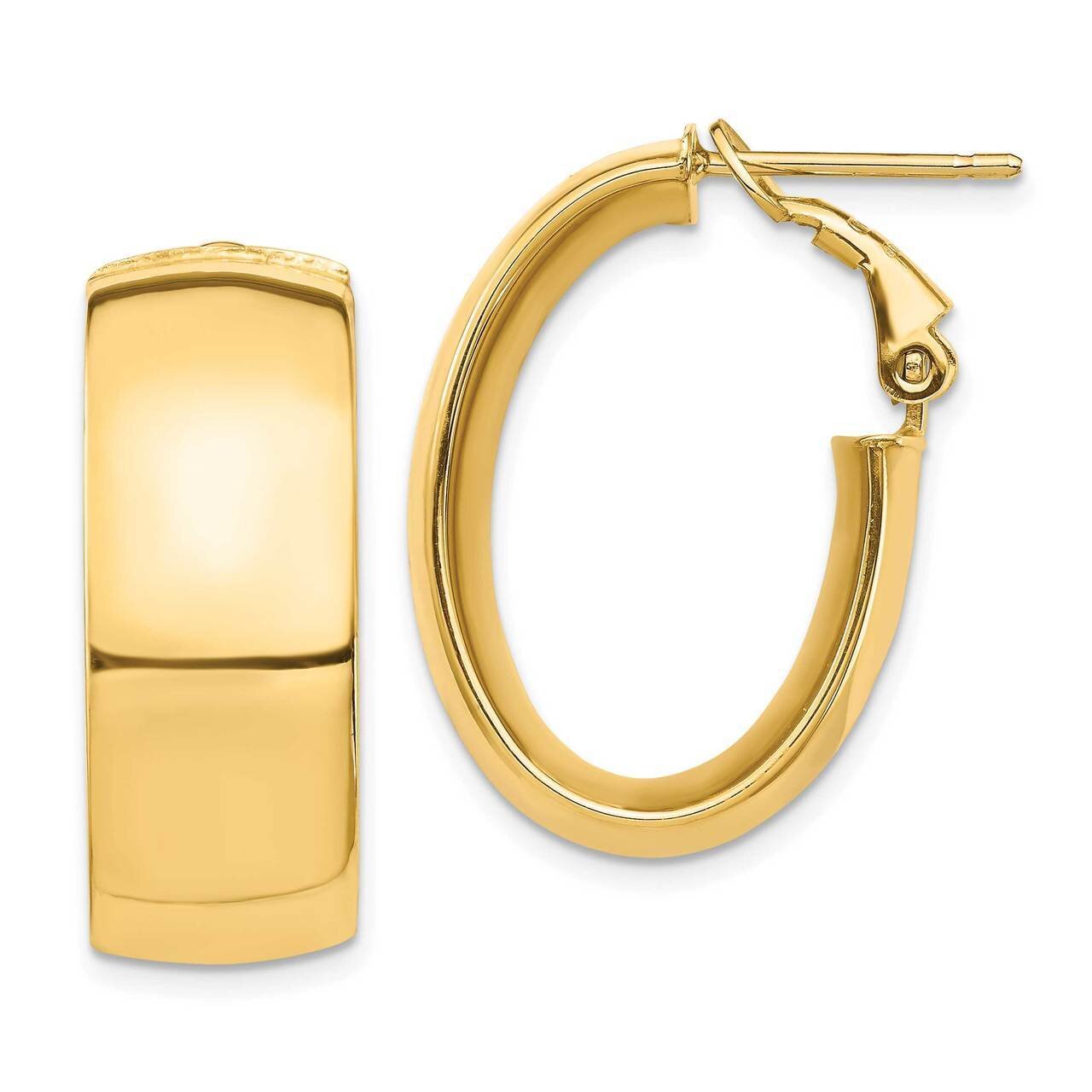 10mm Omega Back Oval Hoop Earrings 14k Gold High Polished PRE972
