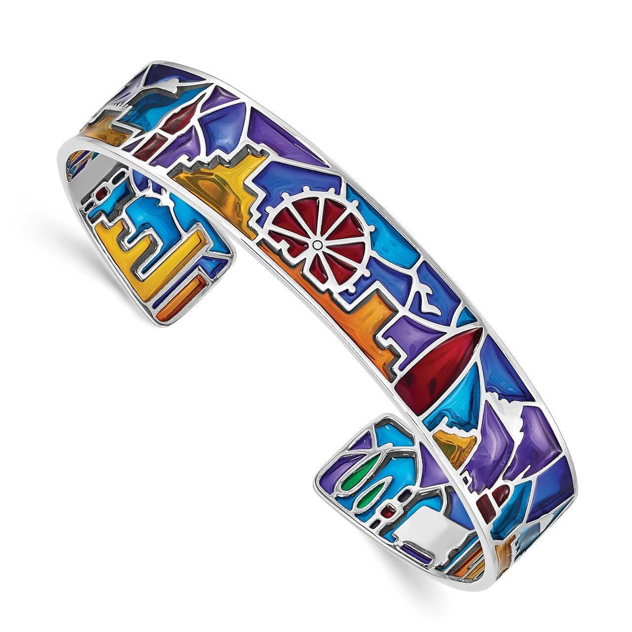 Mosaic Multi-color Enamel London Cuff Bangle Sterling Silver Rhodium Plated QB1322, MPN: QB1322, 88…