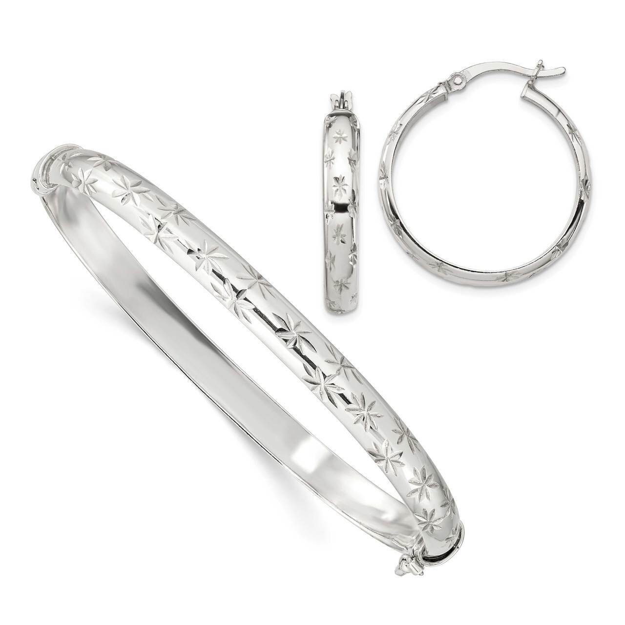 Bangle 6mm &amp; Hoop 4mm Earring Set Sterling Silver Diamond Cut QB1331SET, MPN: QB1331SET, 8867740344…