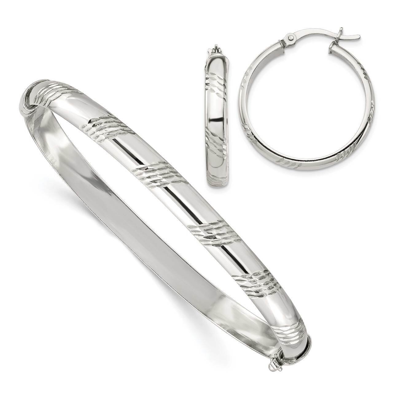 Bangle 6mm &amp; Hoop 4mm Earring Set Sterling Silver Diamond Cut QB1335SET, MPN: QB1335SET, 8867740869…