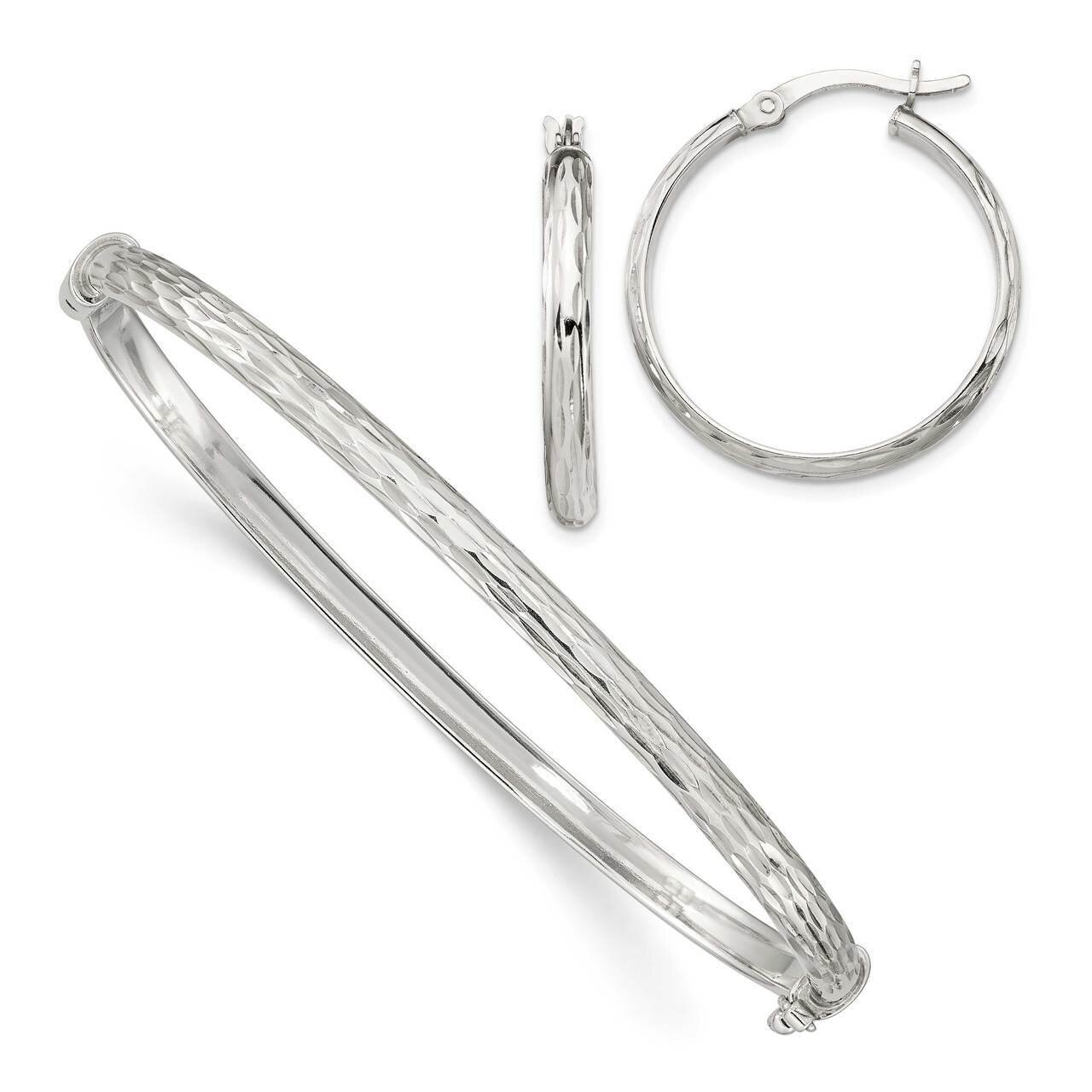 Bangle 4mm &amp; Hoop 3mm Earring Set Sterling Silver Diamond Cut QB1336SET, MPN: QB1336SET, 8867740954…