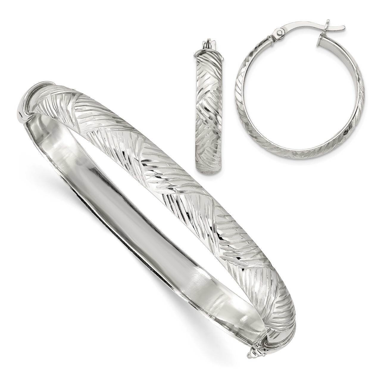 Bangle 7.5mm &amp; Hoop 5mm Earring Set Sterling Silver Diamond Cut QB1337SET, MPN: QB1337SET, 88677400…