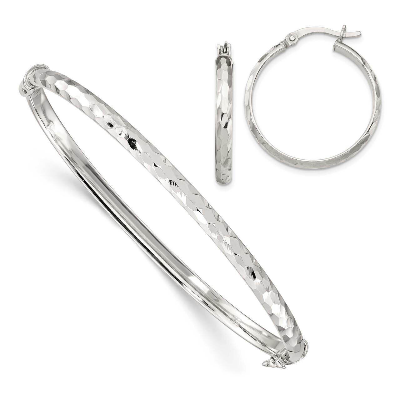 Bangle 4mm &amp; Hoop 3mm Earring Set Sterling Silver Diamond Cut QB1338SET, MPN: QB1338SET, 8839579618…