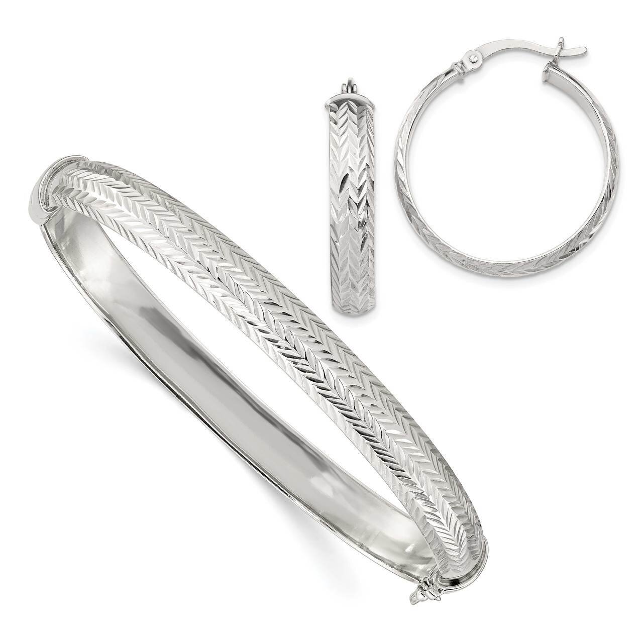 Bangle 7.5mm &amp; Hoop 5mm Earring Set Sterling Silver Diamond Cut QB1341SET, MPN: QB1341SET, 88677410…