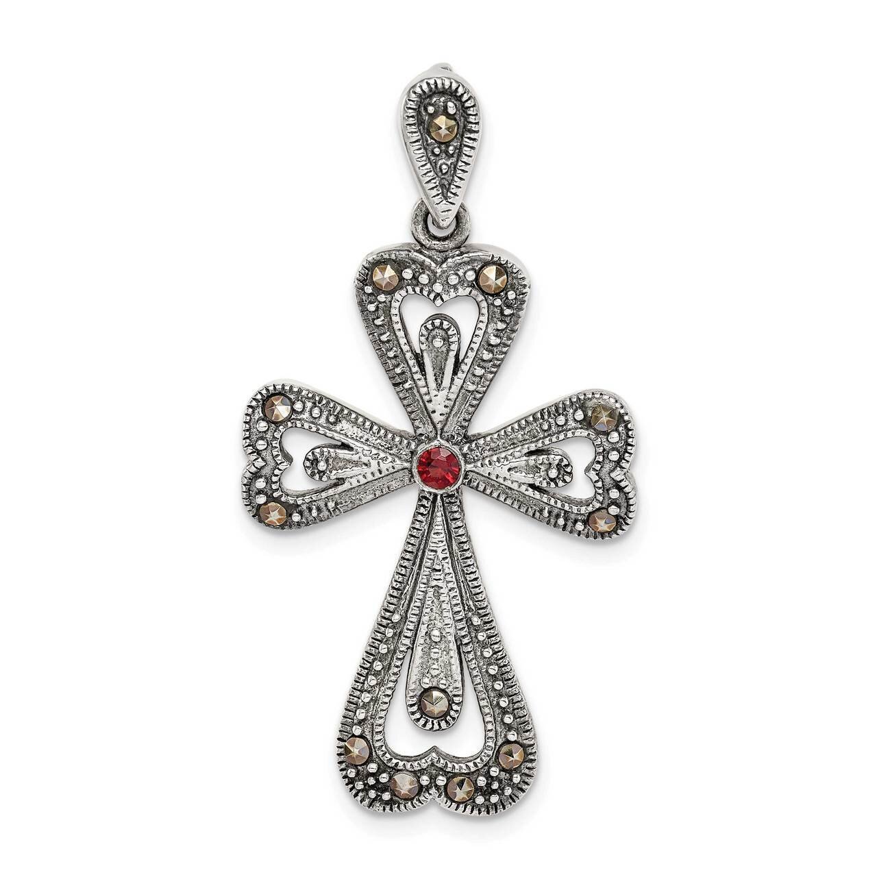 Marcasite &amp; Garnet Cross Pendant Sterling Silver Antiqued QC9363, MPN: QC9363,