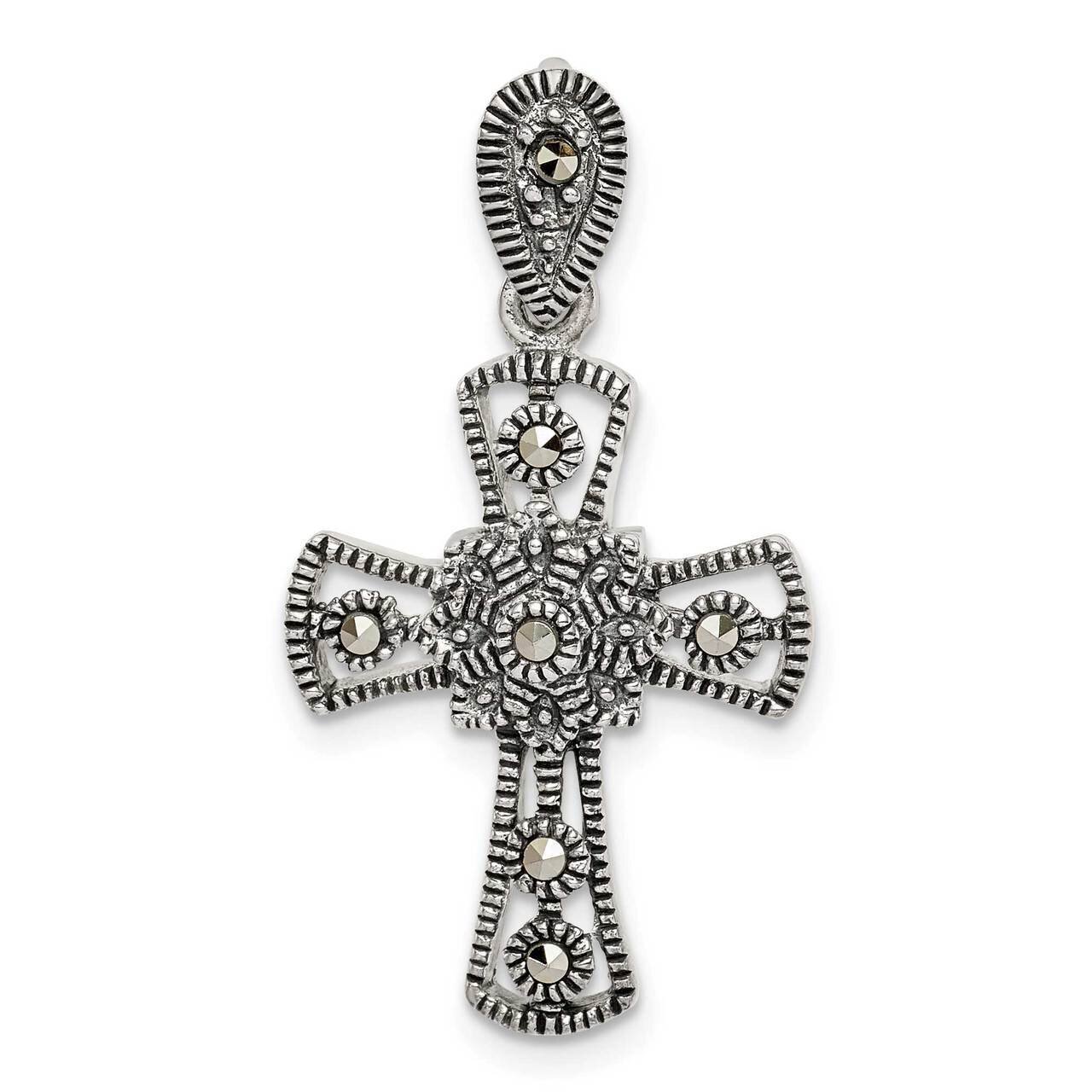 Marcasite Flower Cross Pendant Sterling Silver Antiqued QC9367