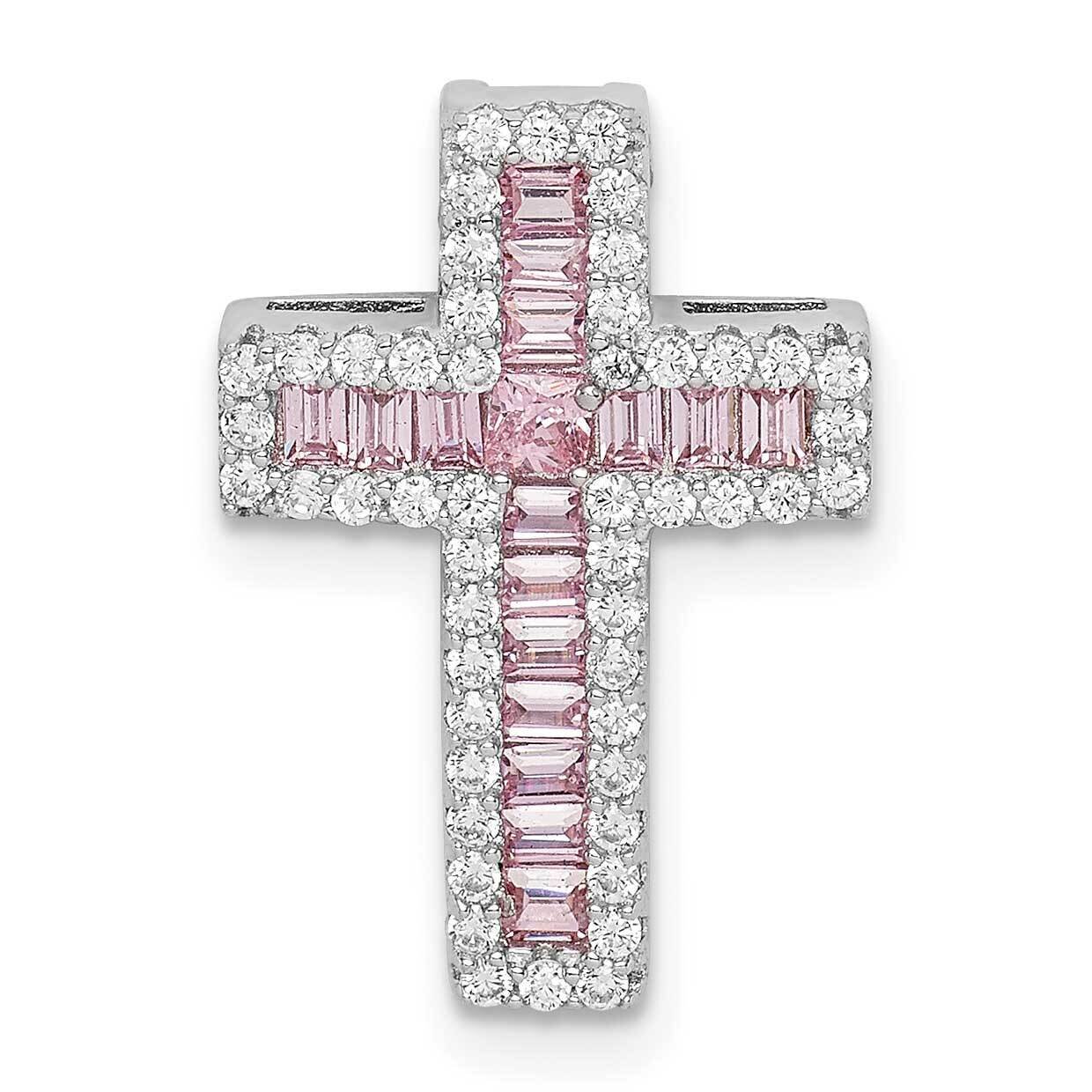 Pink & White CZ Diamond Cross Chain Slide Sterling Silver Rhodium-plated QC9385