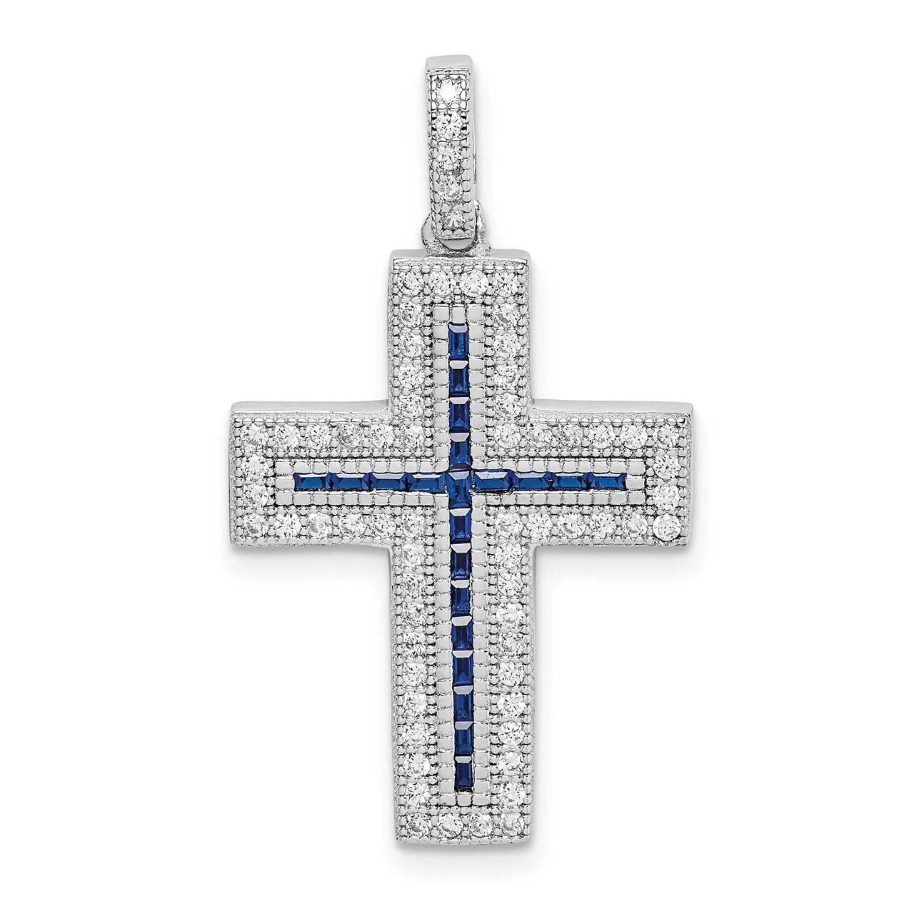 Synthetic Blue Spinel Cross Pendant Sterling Silver Rhodium-plated CZ Diamond QC9386, MPN: QC9386, …