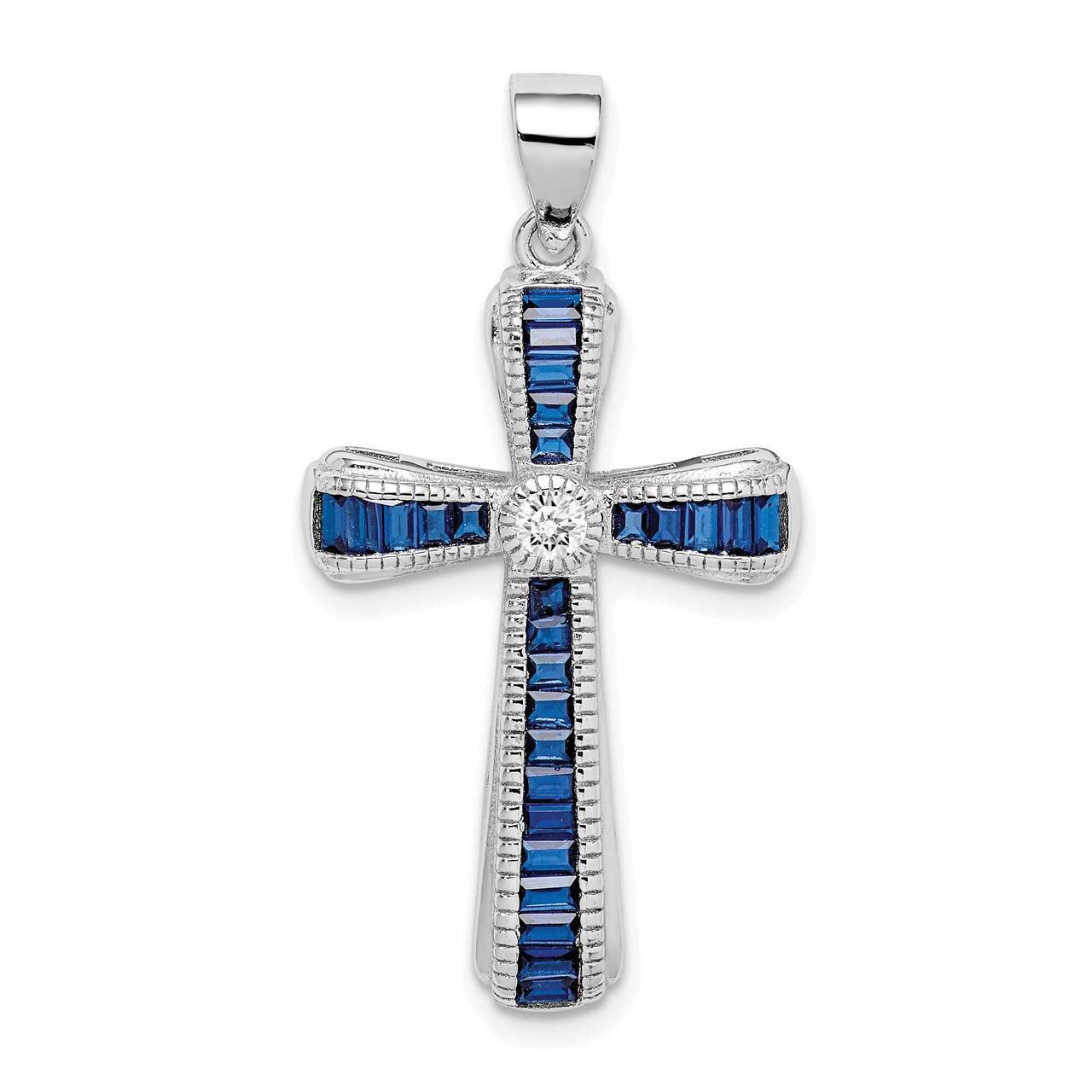 Synthetic Blue Spinel Cross Pendant Sterling Silver Rhodium-plated CZ Diamond QC9398, MPN: QC9398, …
