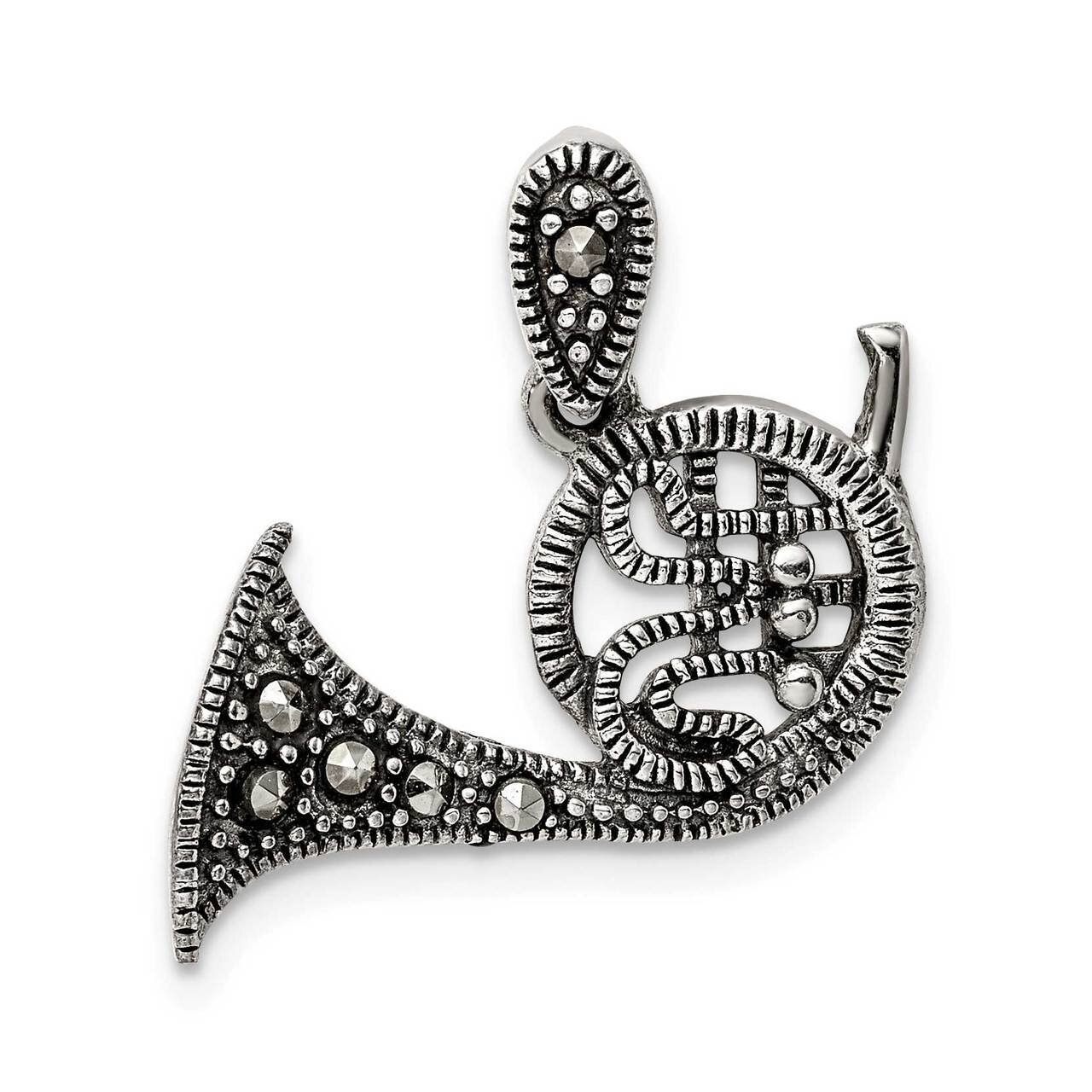 Marcasite French Horn Pendant Sterling Silver Antiqued QC9608, MPN: QC9608,
