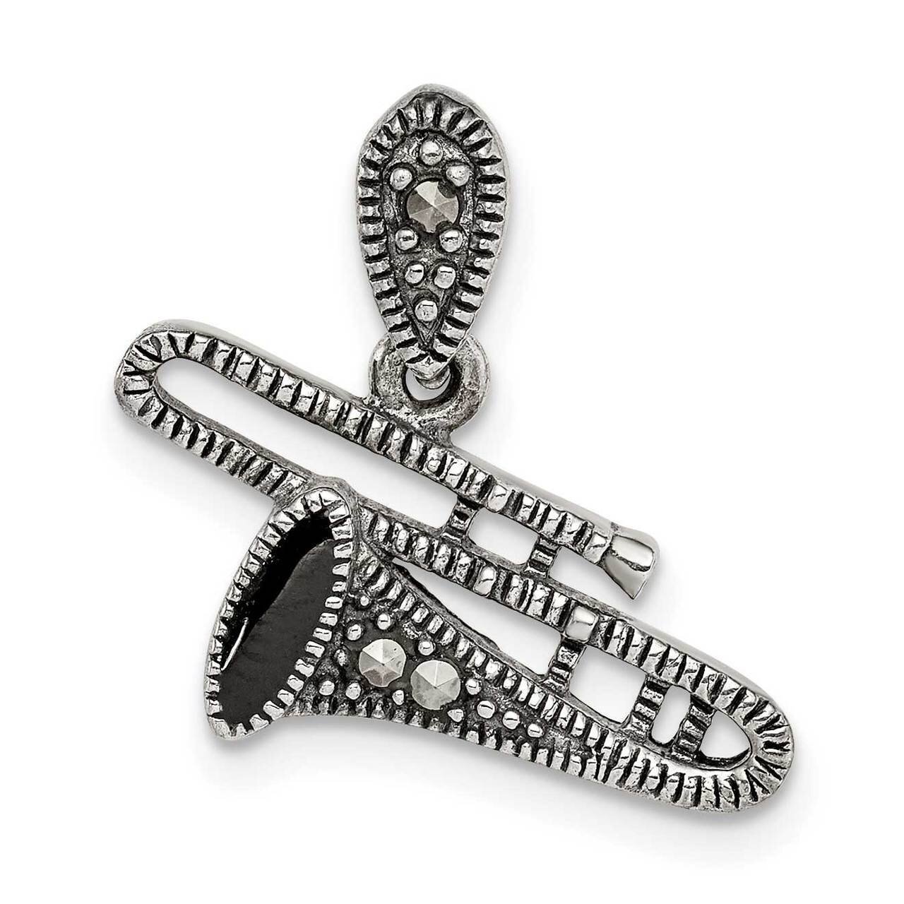 Marcasite &amp; Black Epoxy Trombone Pendant Sterling Silver Antiqued QC9609, MPN: QC9609,