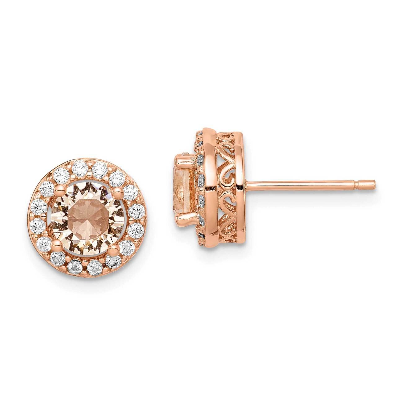 Round Peach CZ Diamond Halo Post Earrings Sterling Silver Rose-tone QE14070, MPN: QE14070, 88677411…