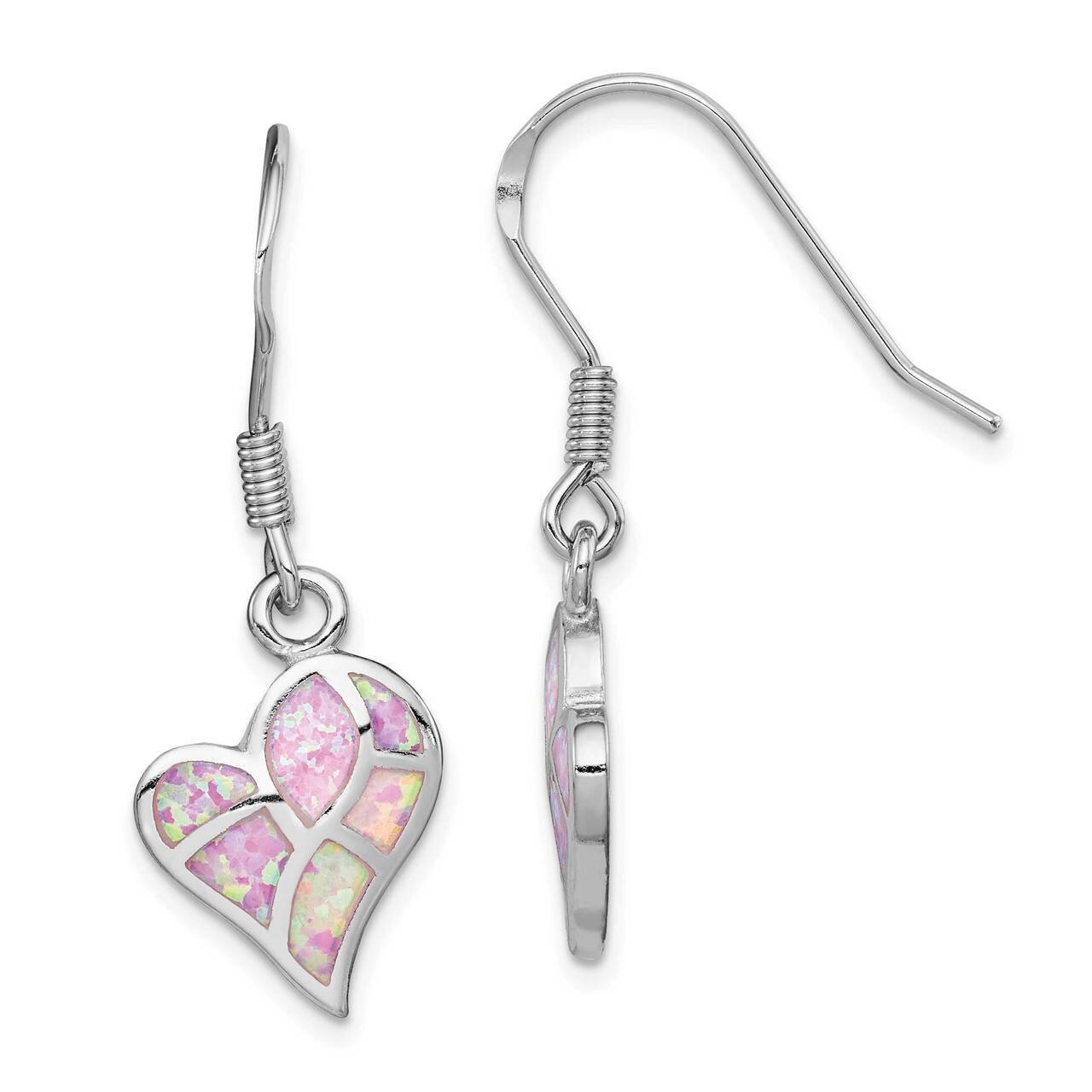 Created Pink Opal Inlay Heart Dangle Earring Sterling Silver Rhodium-plated QE14077