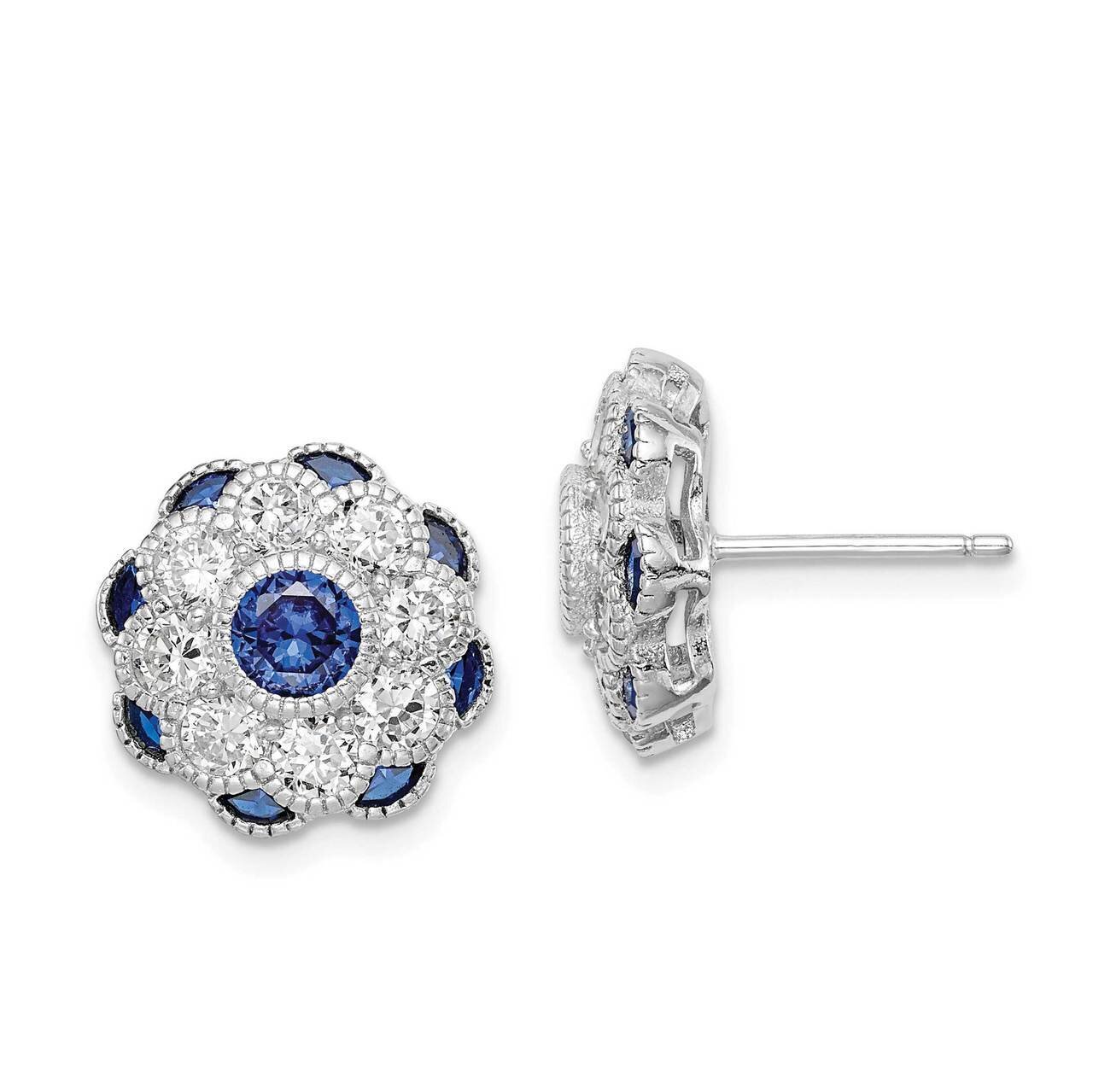 Synthetic Blue Spinel Flower Post Earrings Sterling Silver Rhodium-plated CZ Diamond QE14230