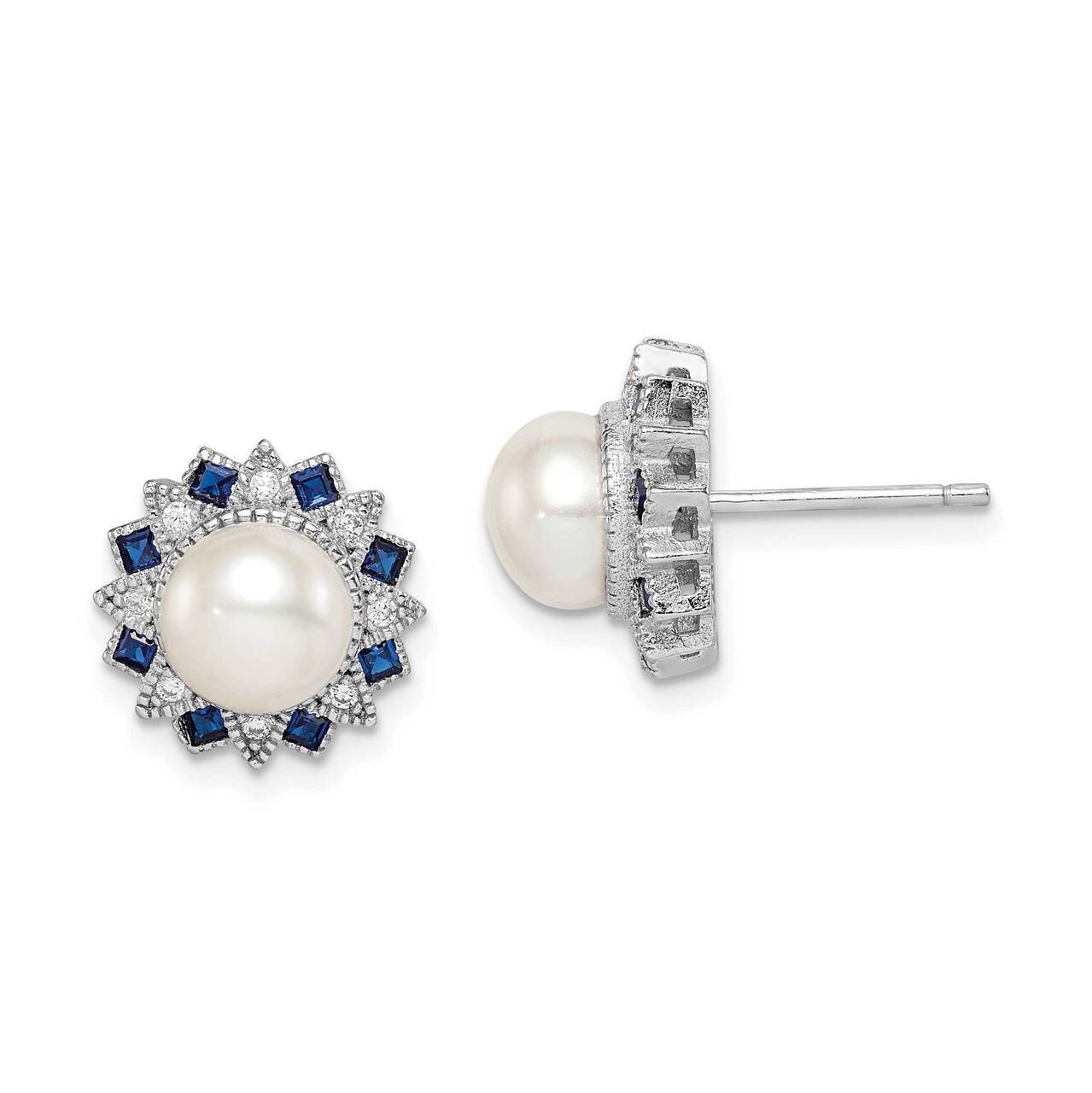 Freshwater Cultured Pearl, Syn. Blue Spinel &amp; CZ Diamond Earrings Sterling Silver Rhodium-plated QE…