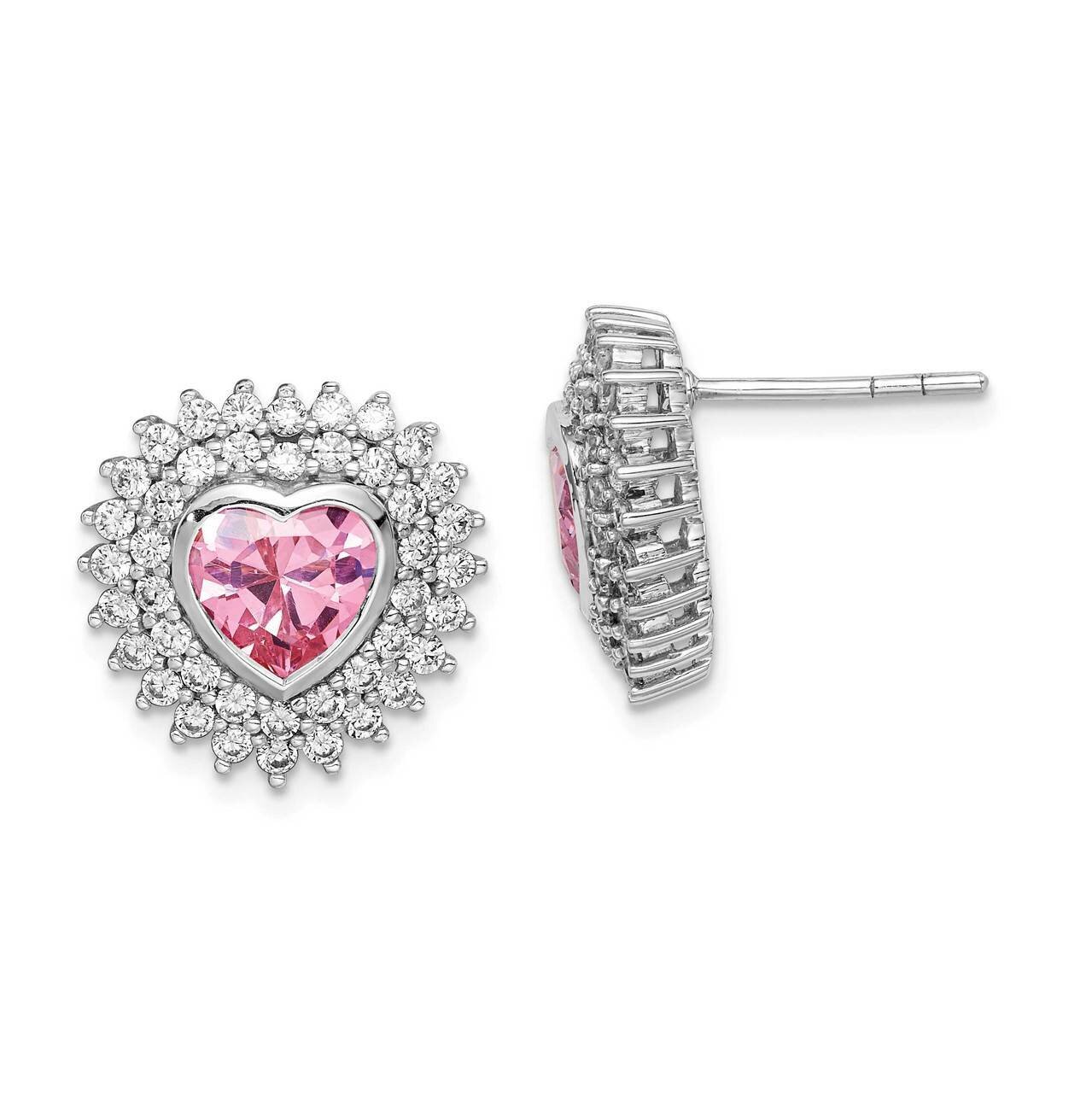 6mm Pink Heart CZ Diamond Post Earrings Sterling Silver Rhodium-plated QE14281