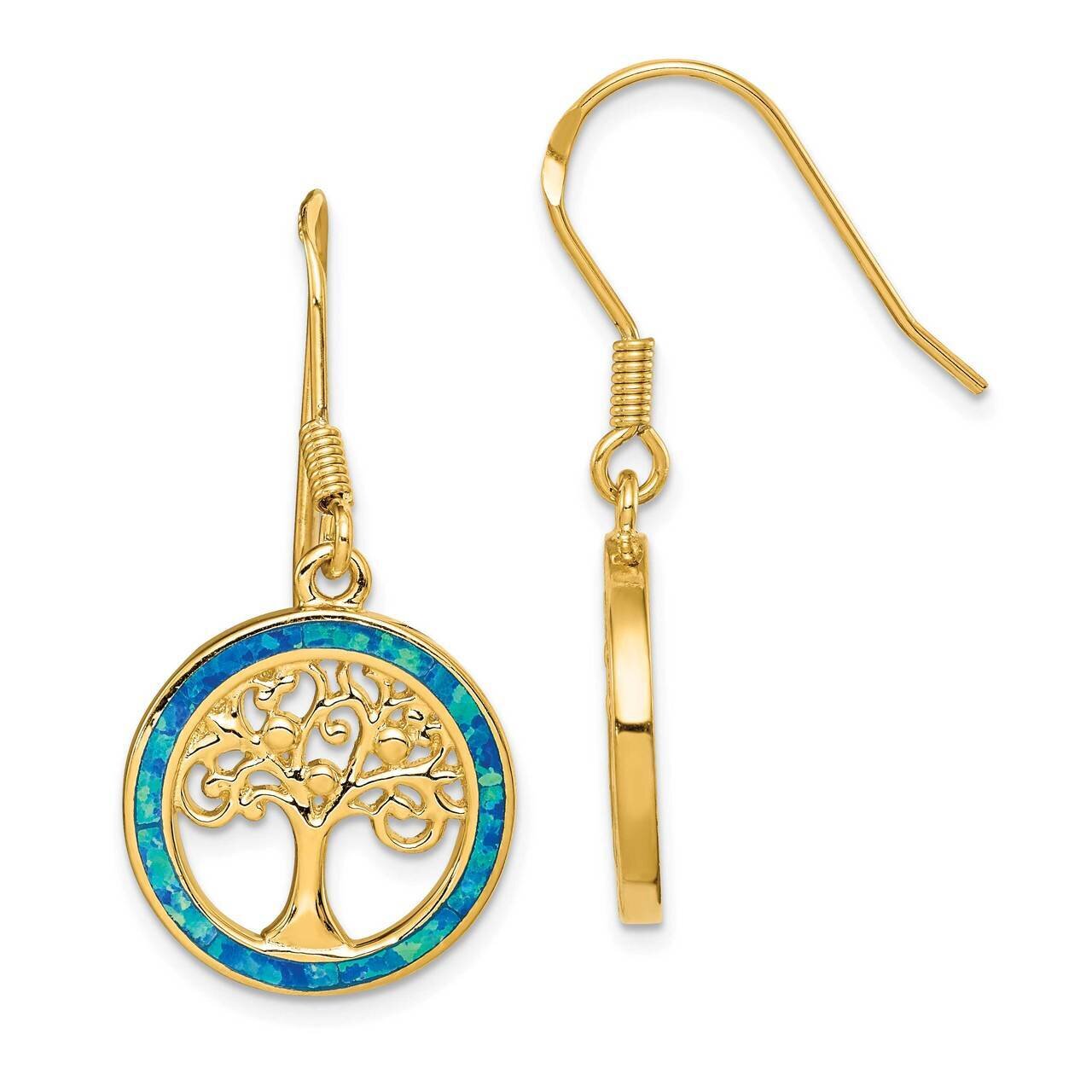 Created Opal Circle with Tree Dangle Earrings Sterling Silver Gold-tone QE14292