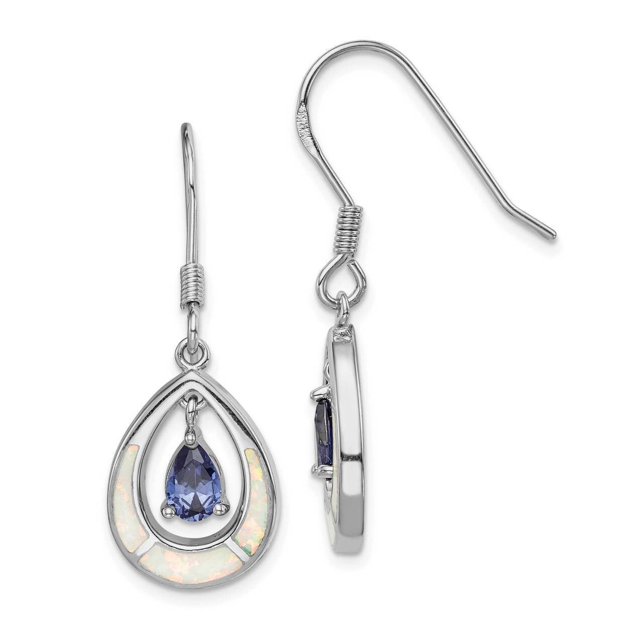 Created Opal Inlay &amp; Blue CZ Diamond Teardrop Earrin Sterling Silver Rhodium-plated QE14296, MPN: Q…