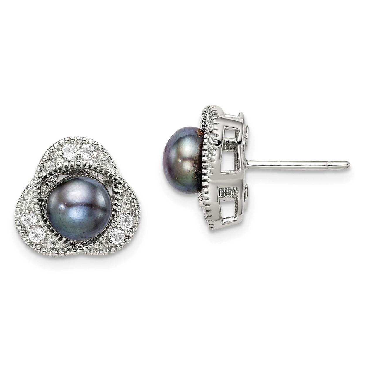 Black Freshwater Cultured Pearl &amp; White Topaz Post Earrings Sterling Silver QE14311, MPN: QE14311, …