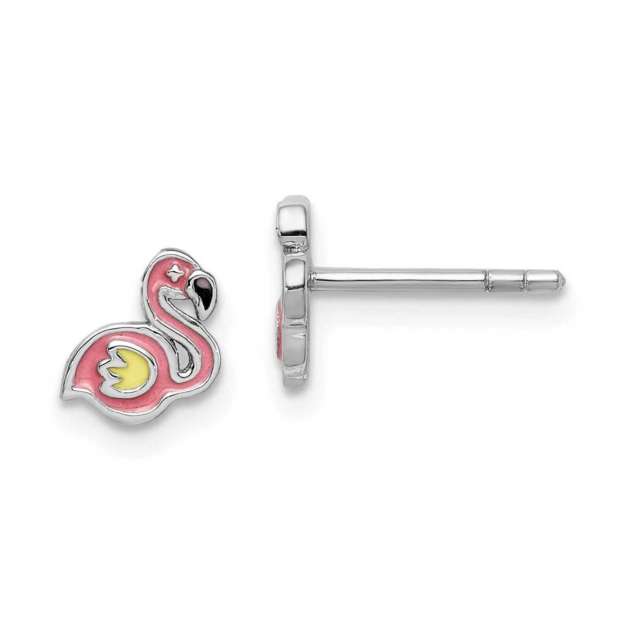 Childs Enameled Flamingo Post Earrings Sterling Silver Rhodium-plated QE14350