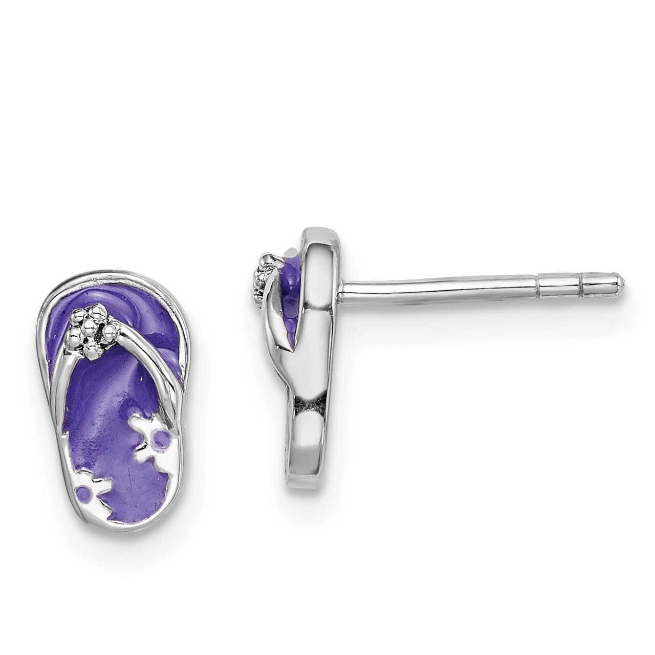 Enameled Purple Flip Flop Post Earrings Sterling Silver Rhodium-plated QE14352, MPN: QE14352, 88677…