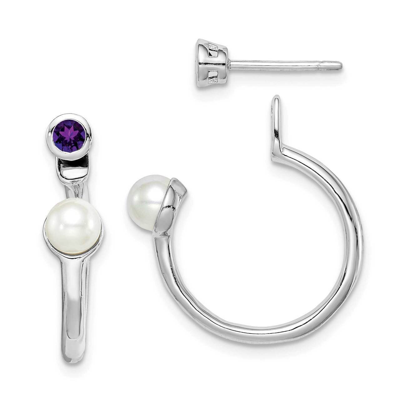 Freshwater Cultured Pearl &amp; Amethyst Front &amp; Back Earrings Sterling Silver Rhodium Plated QE14376AM