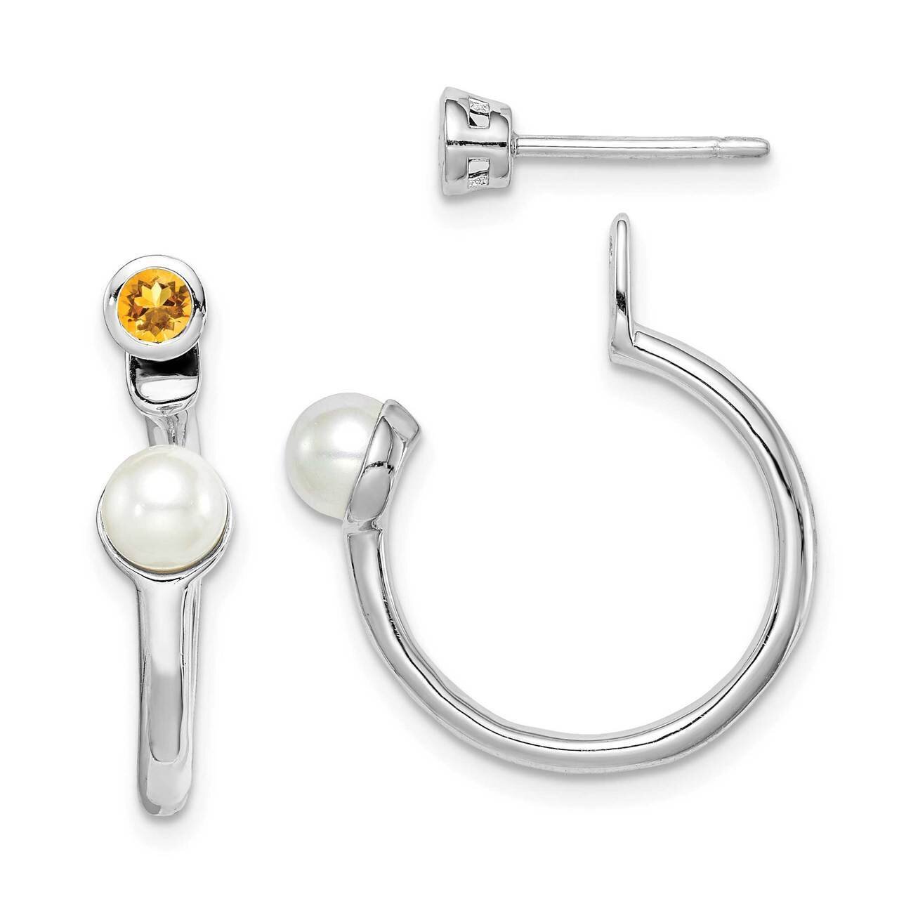 Freshwater Cultured Pearl Citrine Front &amp; Back Post Earrings Sterling Silver Rhodium-plated QE14376…