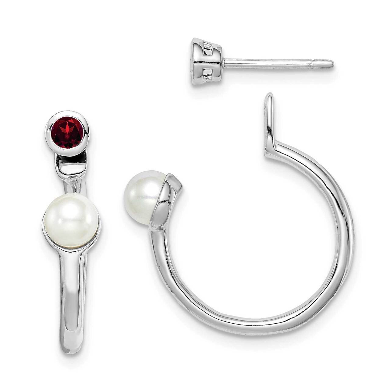 Freshwater Cultured Pearl &amp; Garnet Front &amp; Back Post Earring Sterling Silver Rhodium-plated QE14376GA