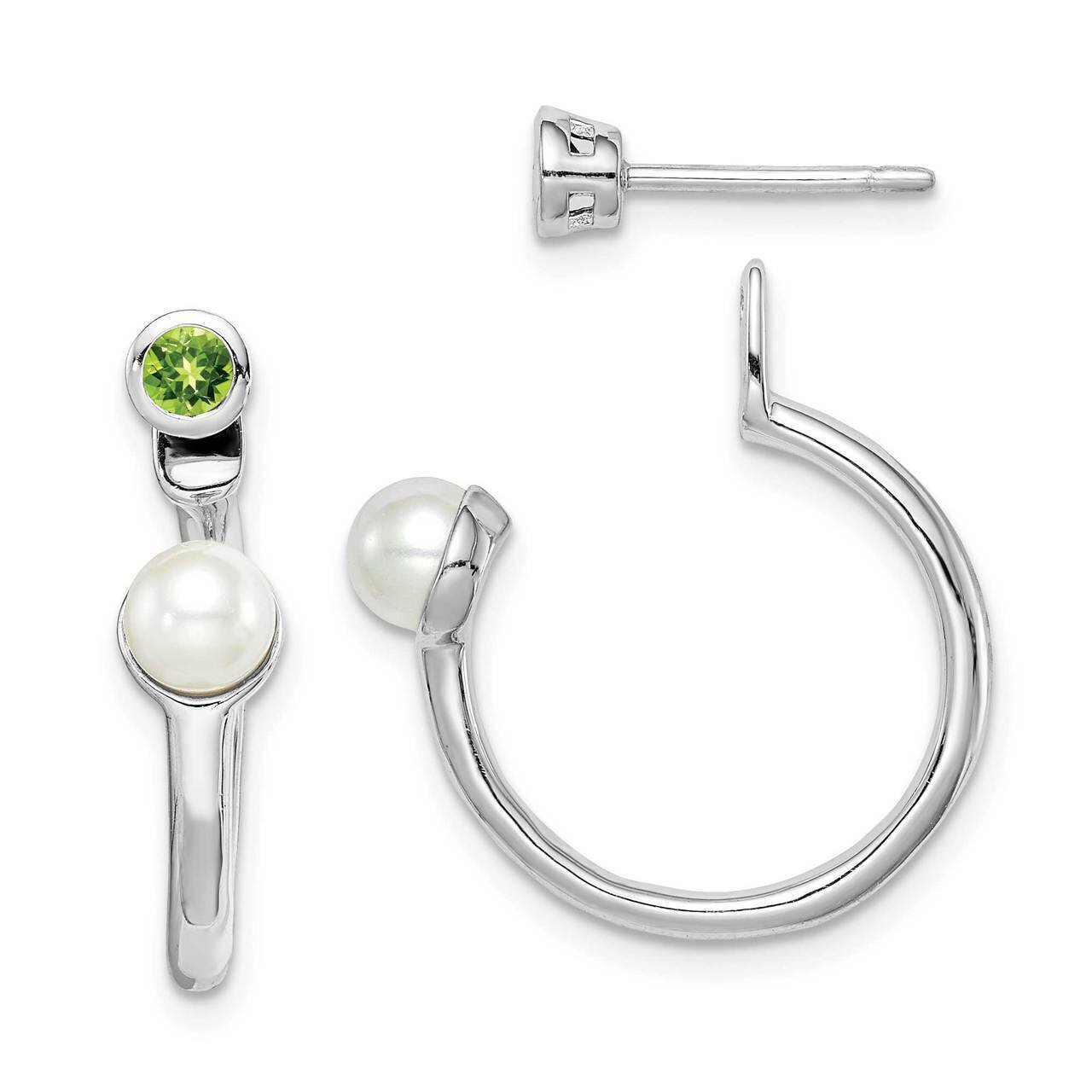 Freshwater Cultured Pearl Peridot Front &amp; Back Post Earrings Sterling Silver Rhodium-plated QE14376…
