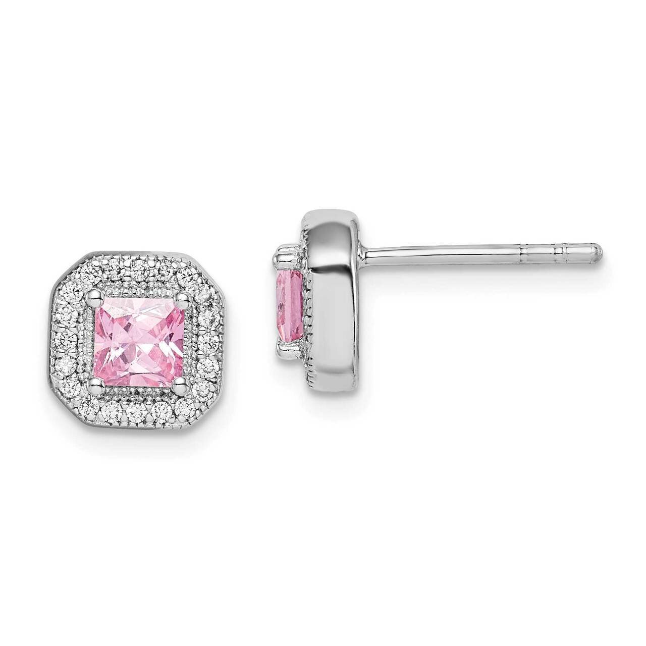 Pink &amp; Clear CZ Diamond Post Earrings Sterling Silver Rhodium Plated QE14470OCT, MPN: QE14470OCT, 8…