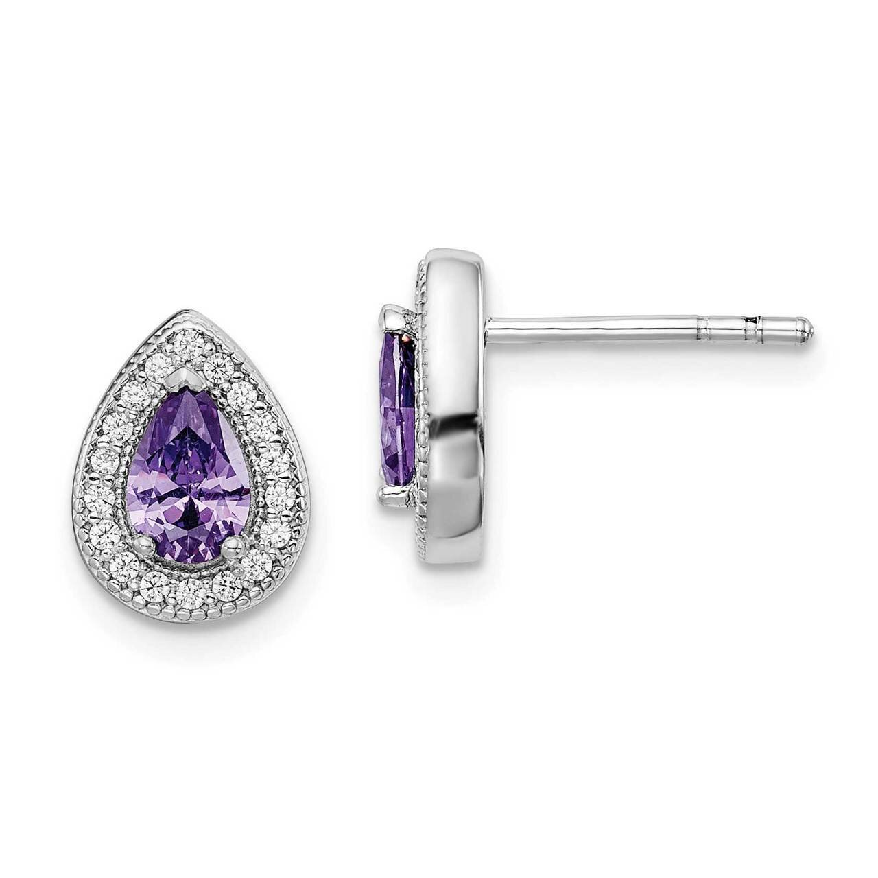 Purple &amp; Clear CZ Diamond Earrings Sterling Silver Rhodium Plated QE14472FEB