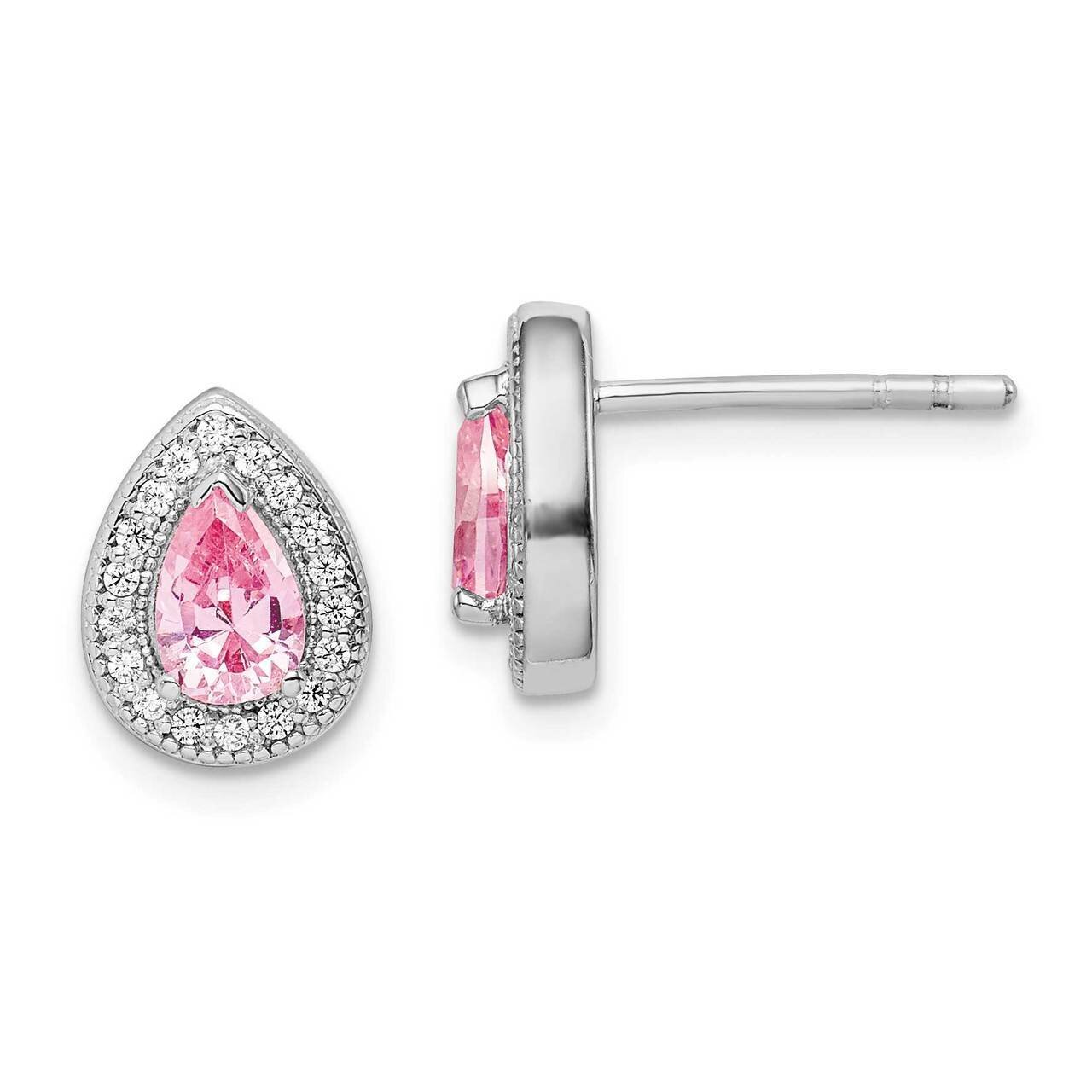 Pink &amp; Clear CZ Diamond Post Earrings Sterling Silver Rhodium Plated QE14472OCT, MPN: QE14472OCT, 8…