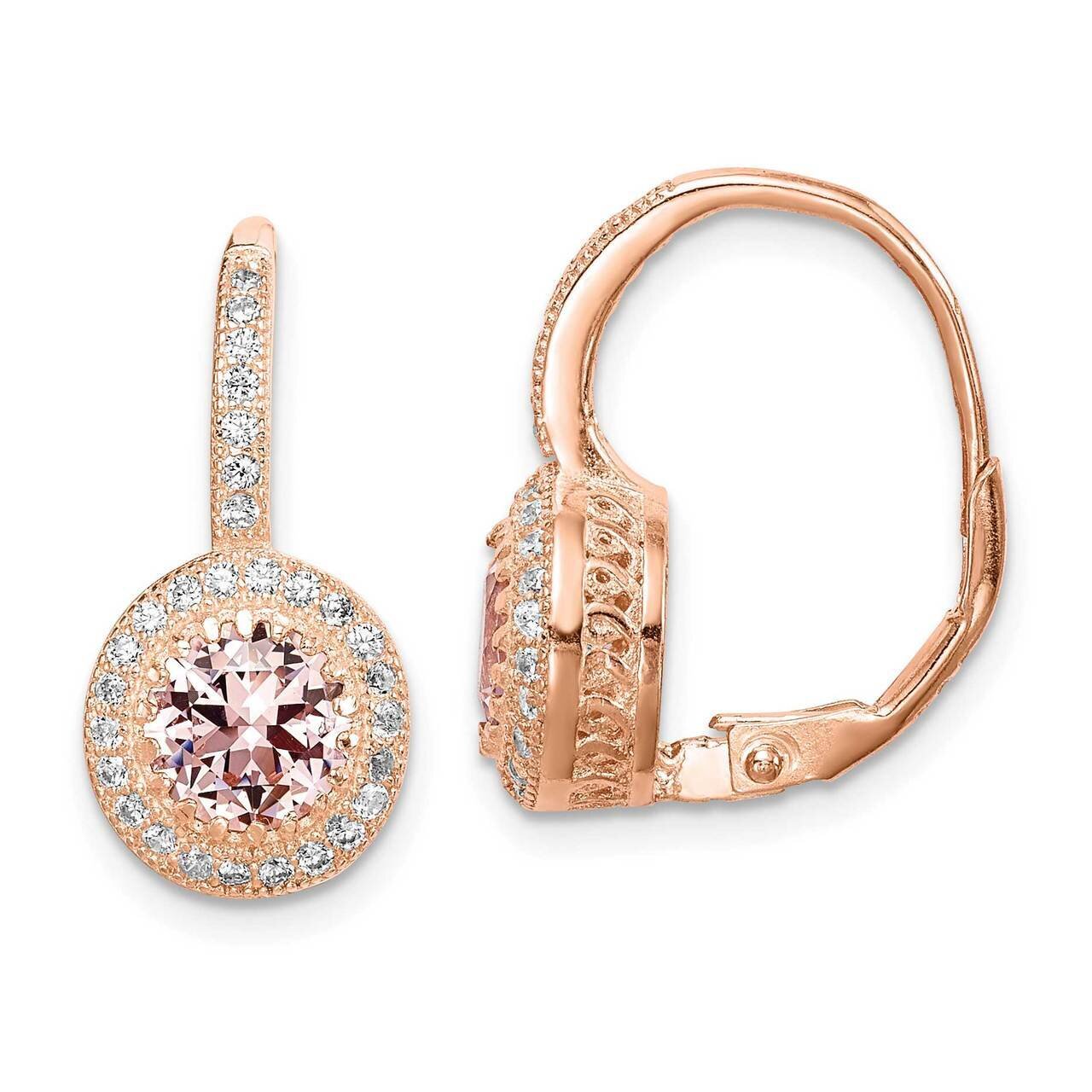 Pink Crystal &amp; CZ Diamond Halo Leverback Earrings Sterling Silver Rose-tone QE14531, MPN: QE14531, …